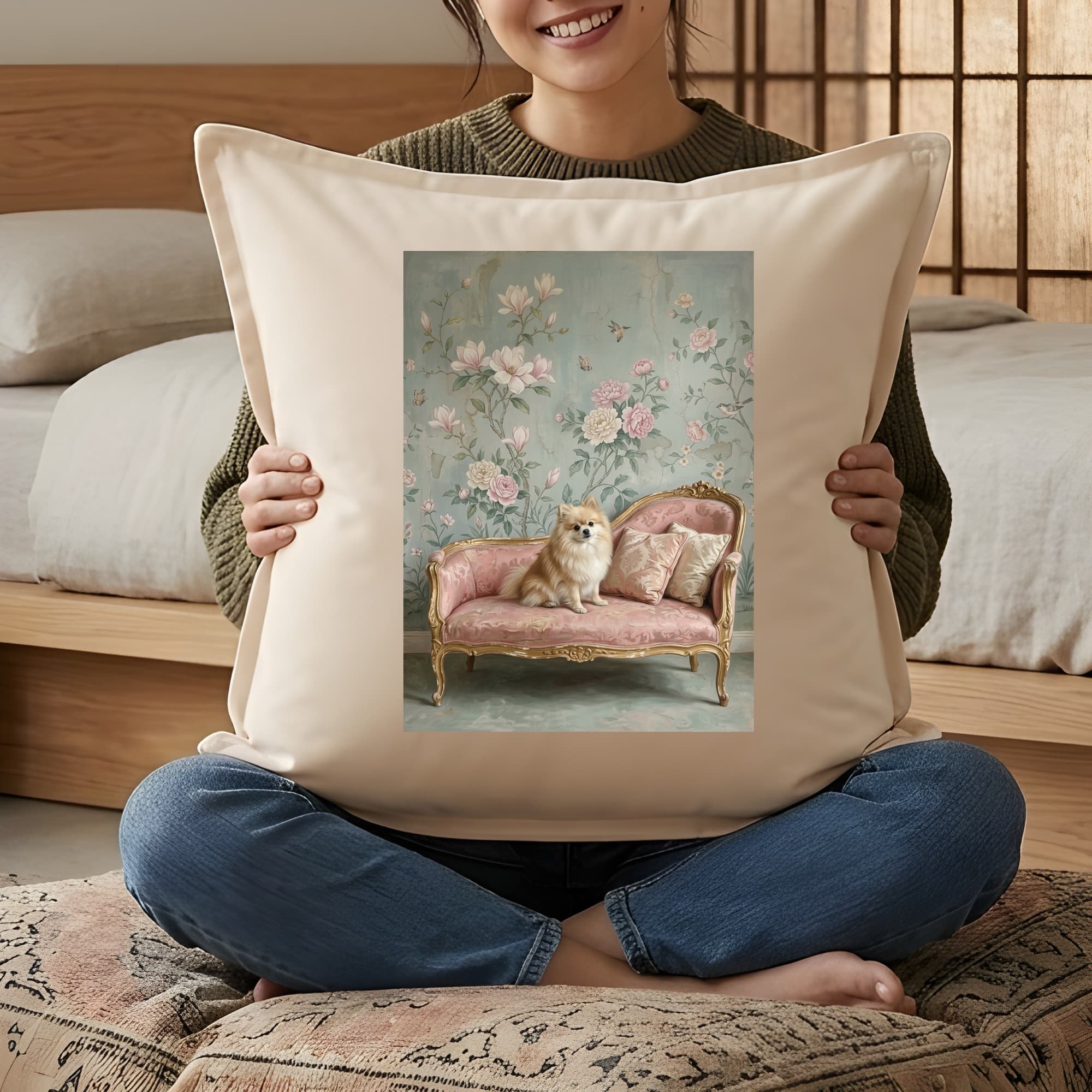 ポメラニアンのシャビーピンクの油絵風アートロココ調クッション 3