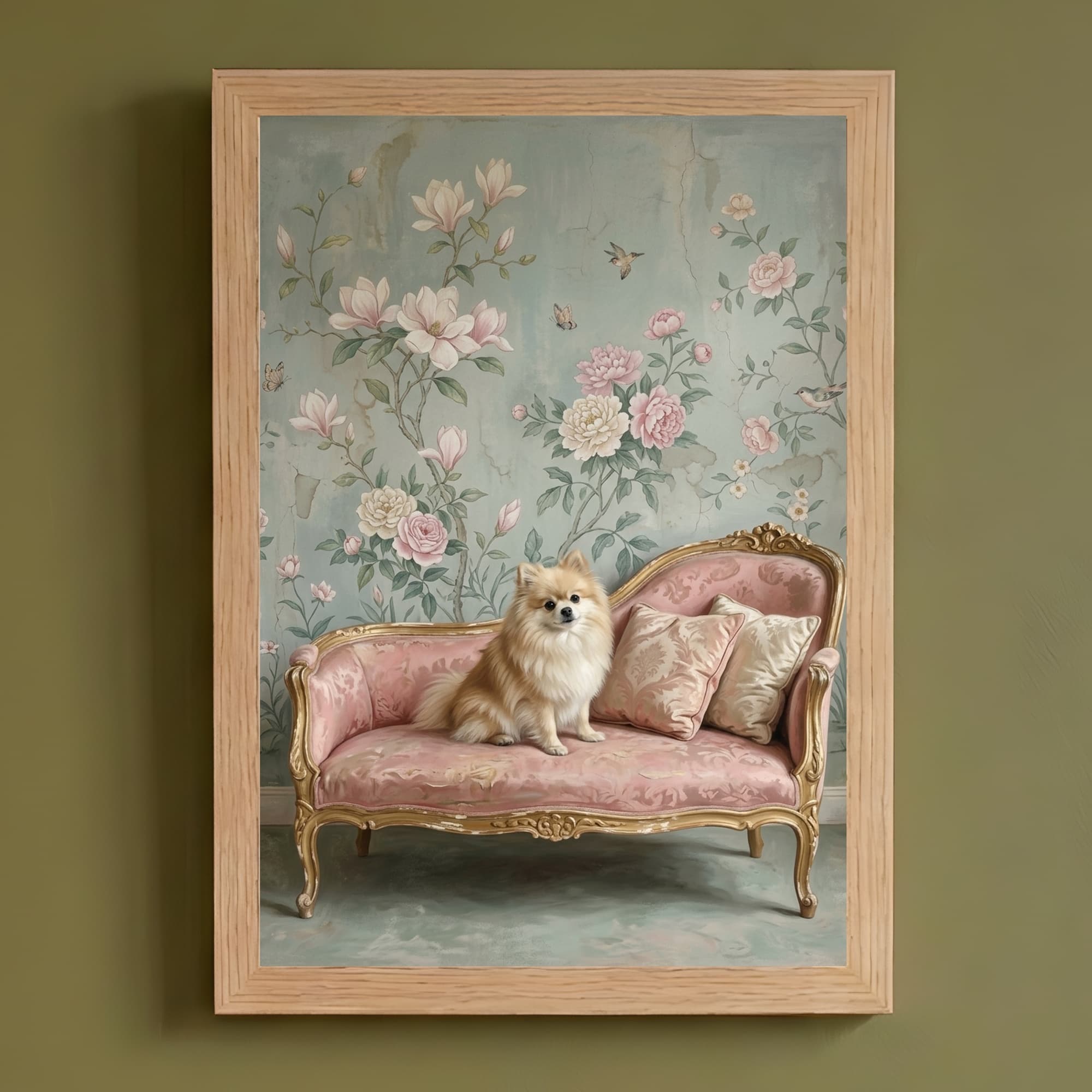 ポメラニアンのシャビーピンクの油絵風アートロココ調額装プリント(A4サイズ)