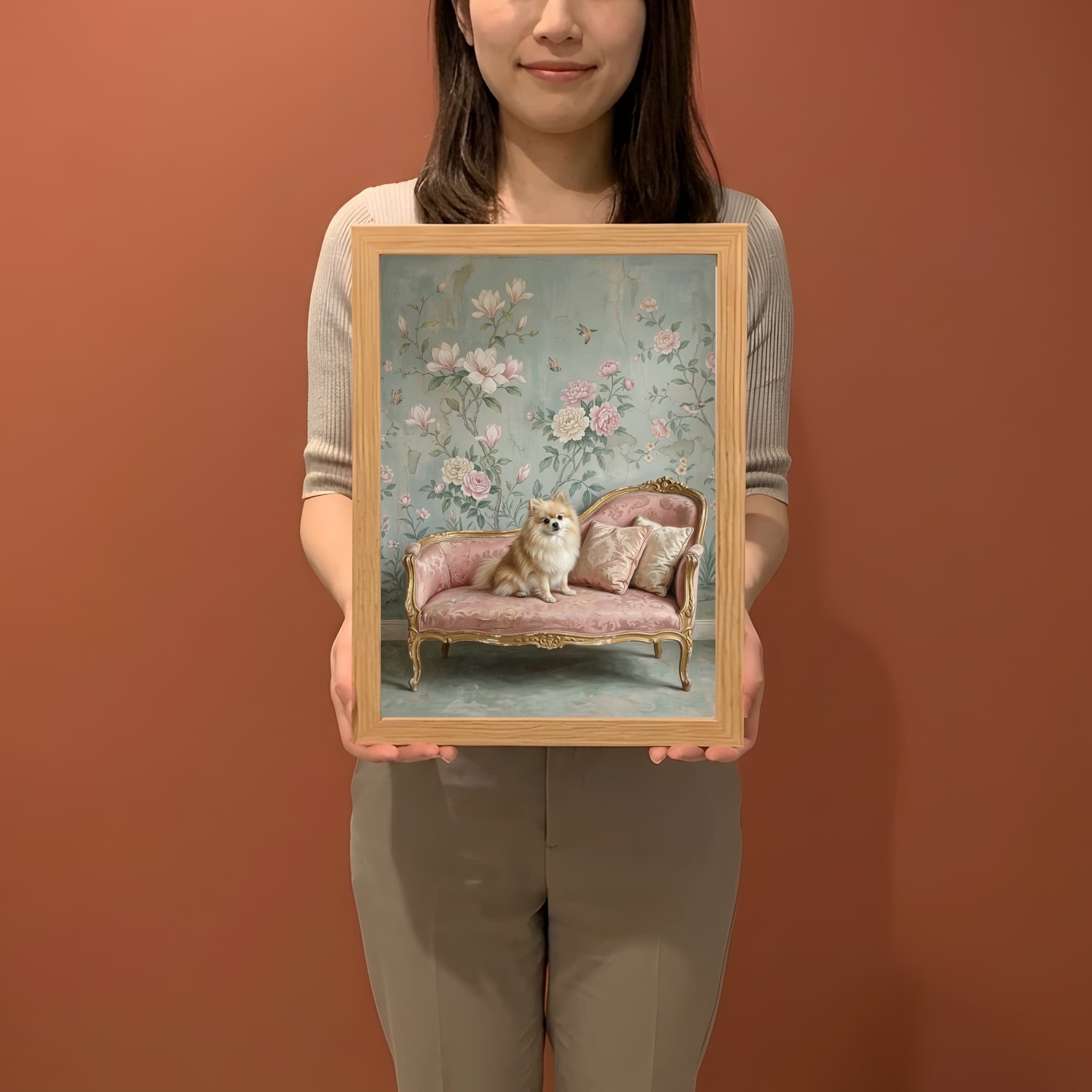 ポメラニアンのシャビーピンクの油絵風アートロココ調額装プリント(A4サイズ) 2