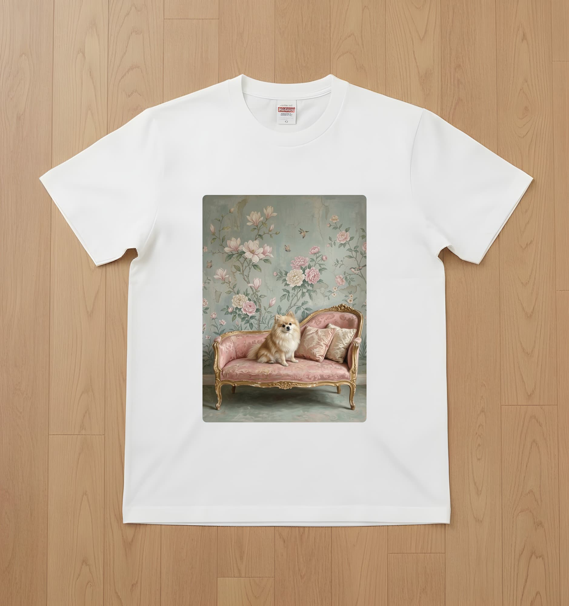 Pomeranian Shabby Pink Oil-Painting Rococo T-Shirt (White)