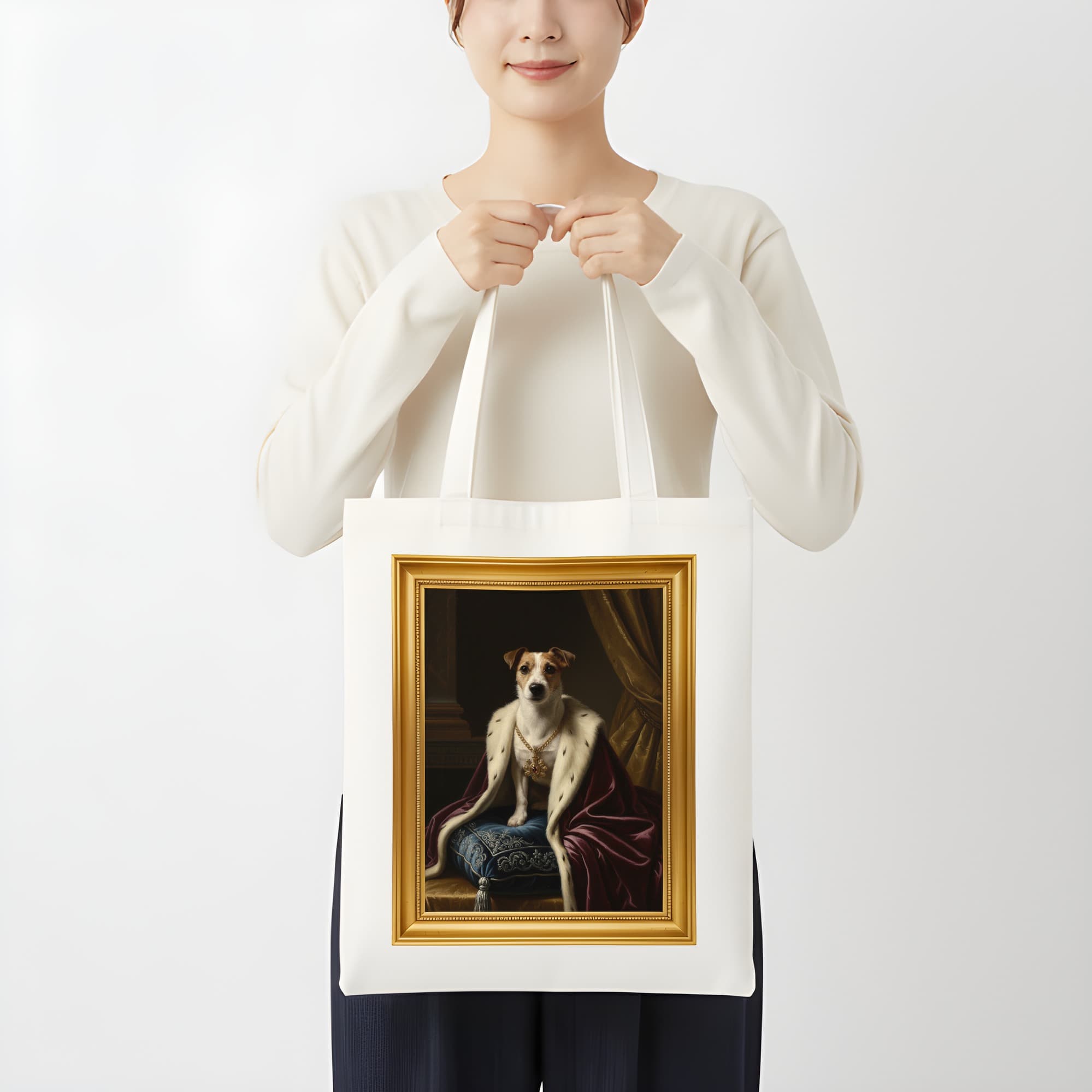 ジャックラッセルテリアのルネサンス肖像画トートバッグ(カラープリント・額縁デザインあり) 3