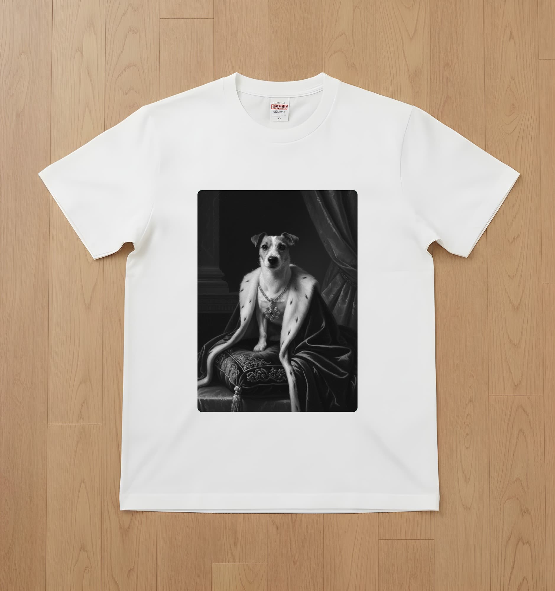 ジャックラッセルテリアのルネサンス肖像画Tシャツ(ホワイト・モノクロプリント・額縁なし)