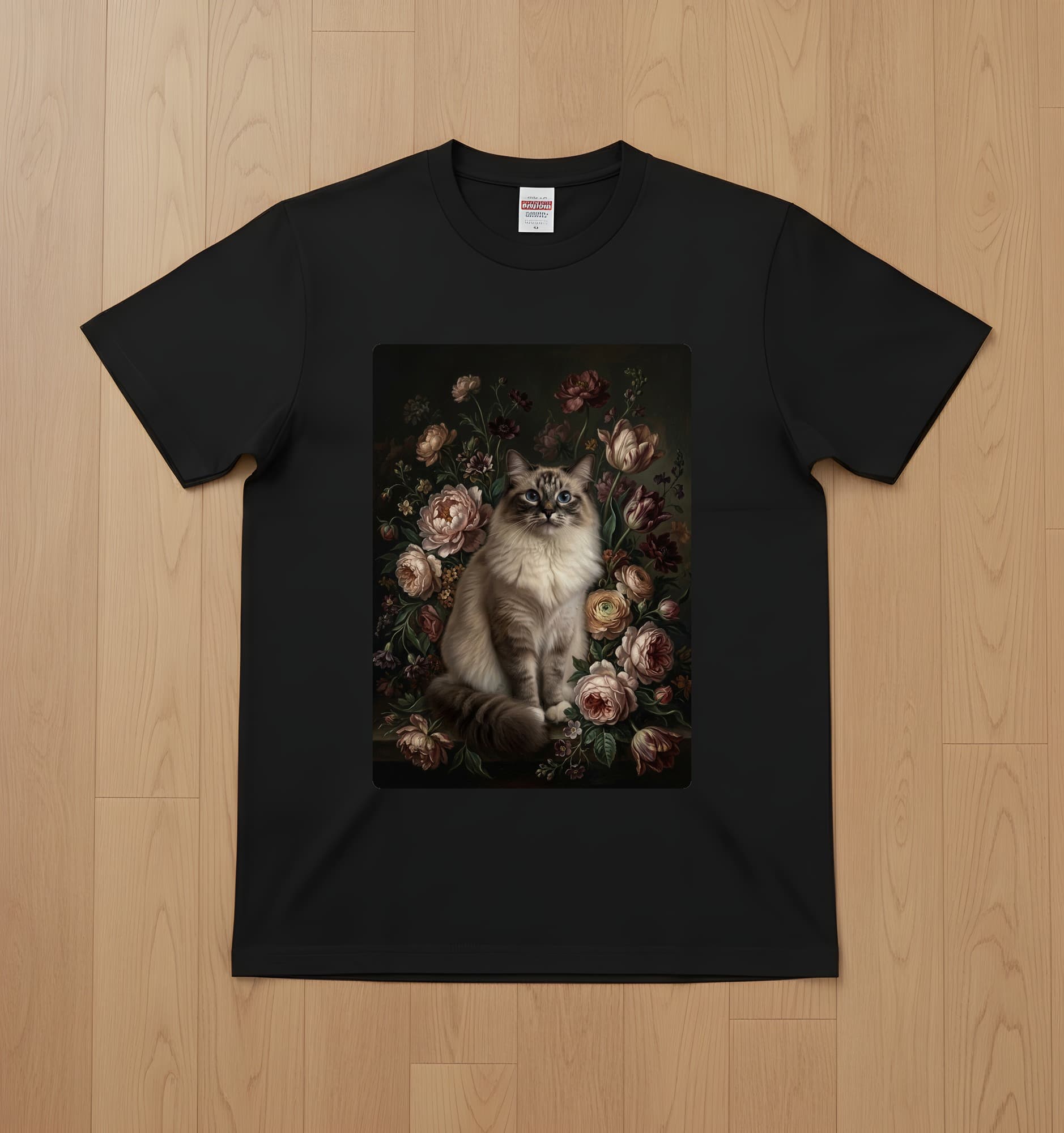 ラグドールの花の油絵風アート花柄Tシャツ(ブラック)