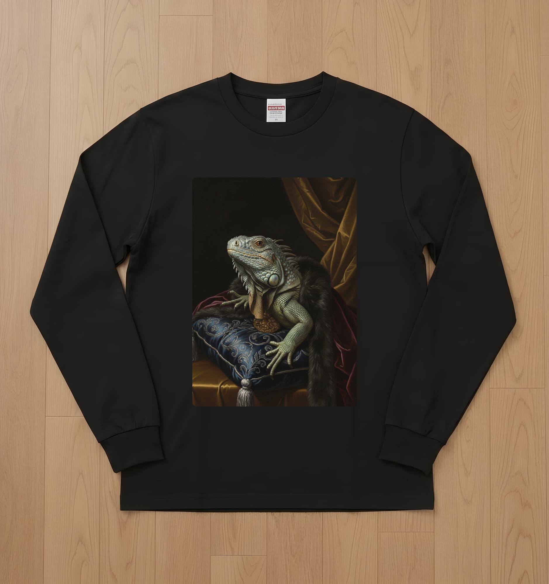 ブルーイグアナのルネサンス肖像画長袖Tシャツ(ブラック)