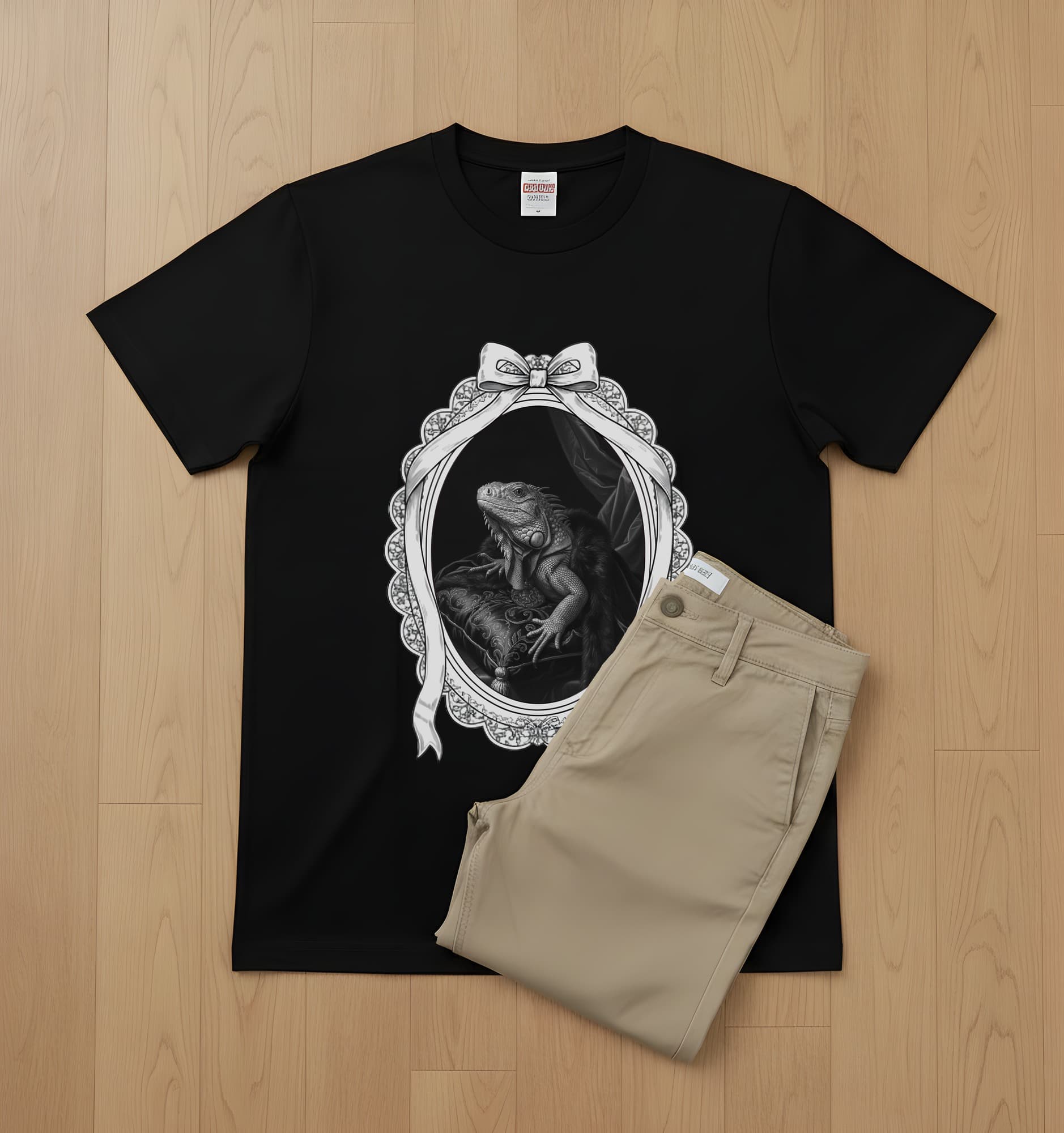 ブルーイグアナのルネサンス肖像画Tシャツ(ブラック・モノクロプリント・額縁デザインあり) 3