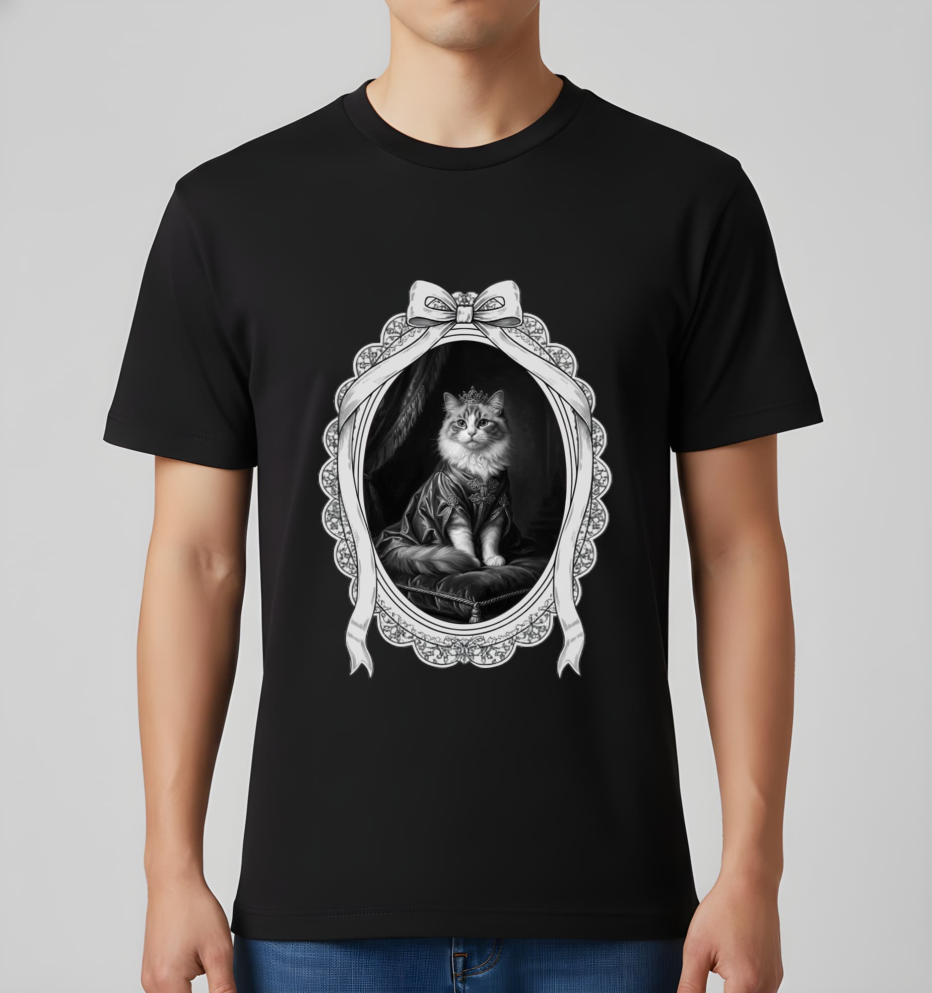 ラグドールのルネサンス肖像画Tシャツ(ブラック・モノクロプリント・額縁デザインあり) 2