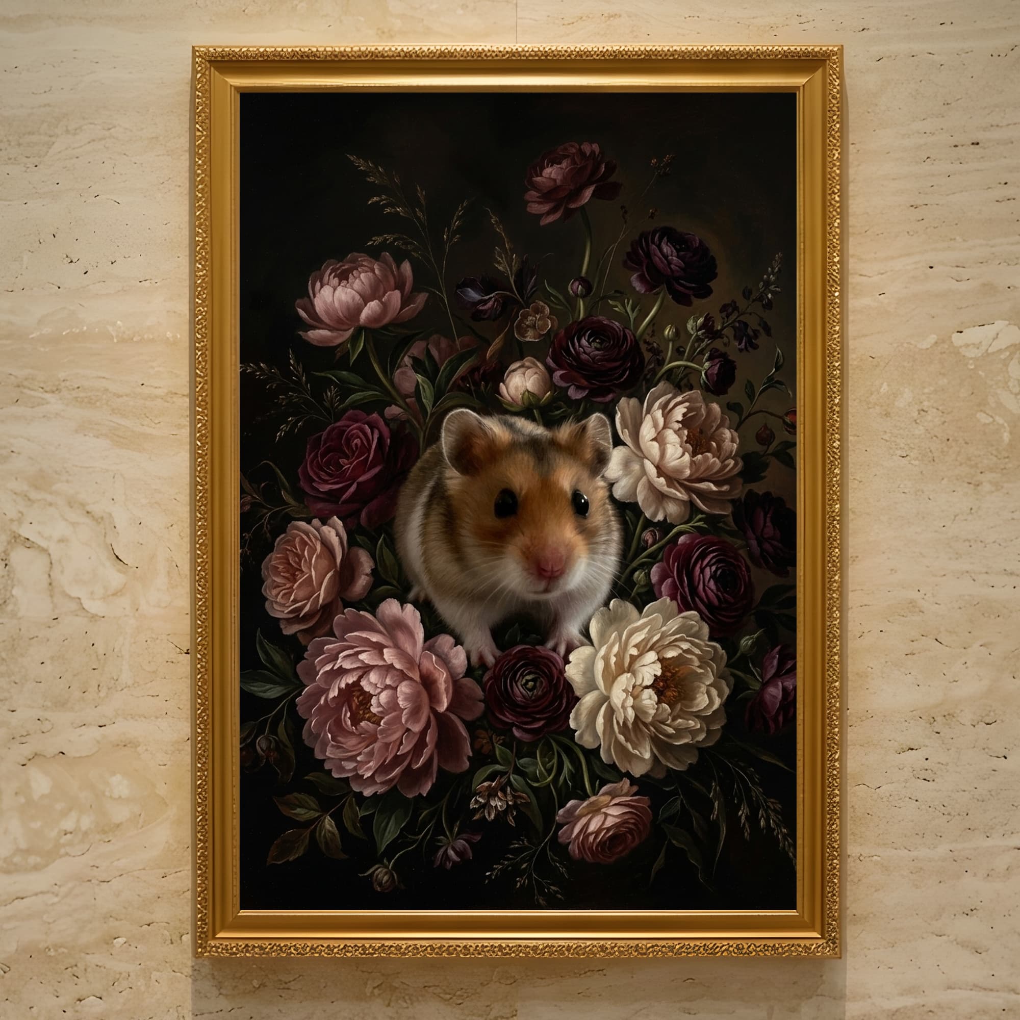 キャンベルハムスターの花の油絵風アート花柄額装プリント(A3サイズ)