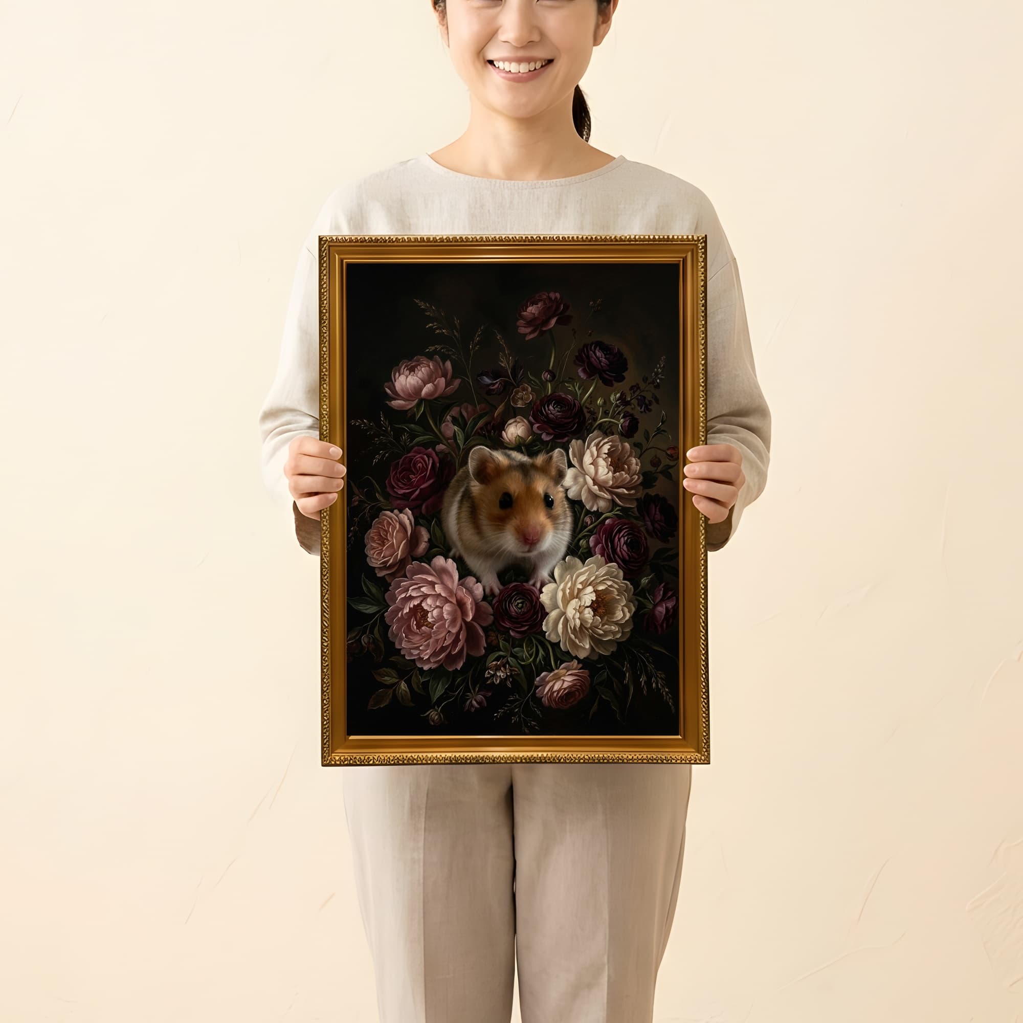 キャンベルハムスターの花の油絵風アート花柄額装プリント(A3サイズ) 2