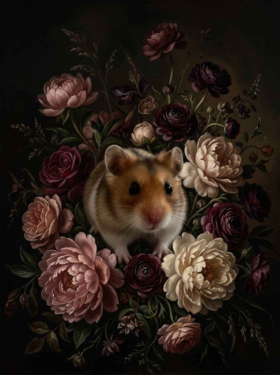 キャンベルハムスターの花の油絵風アート花柄額装プリント(A3サイズ) 4