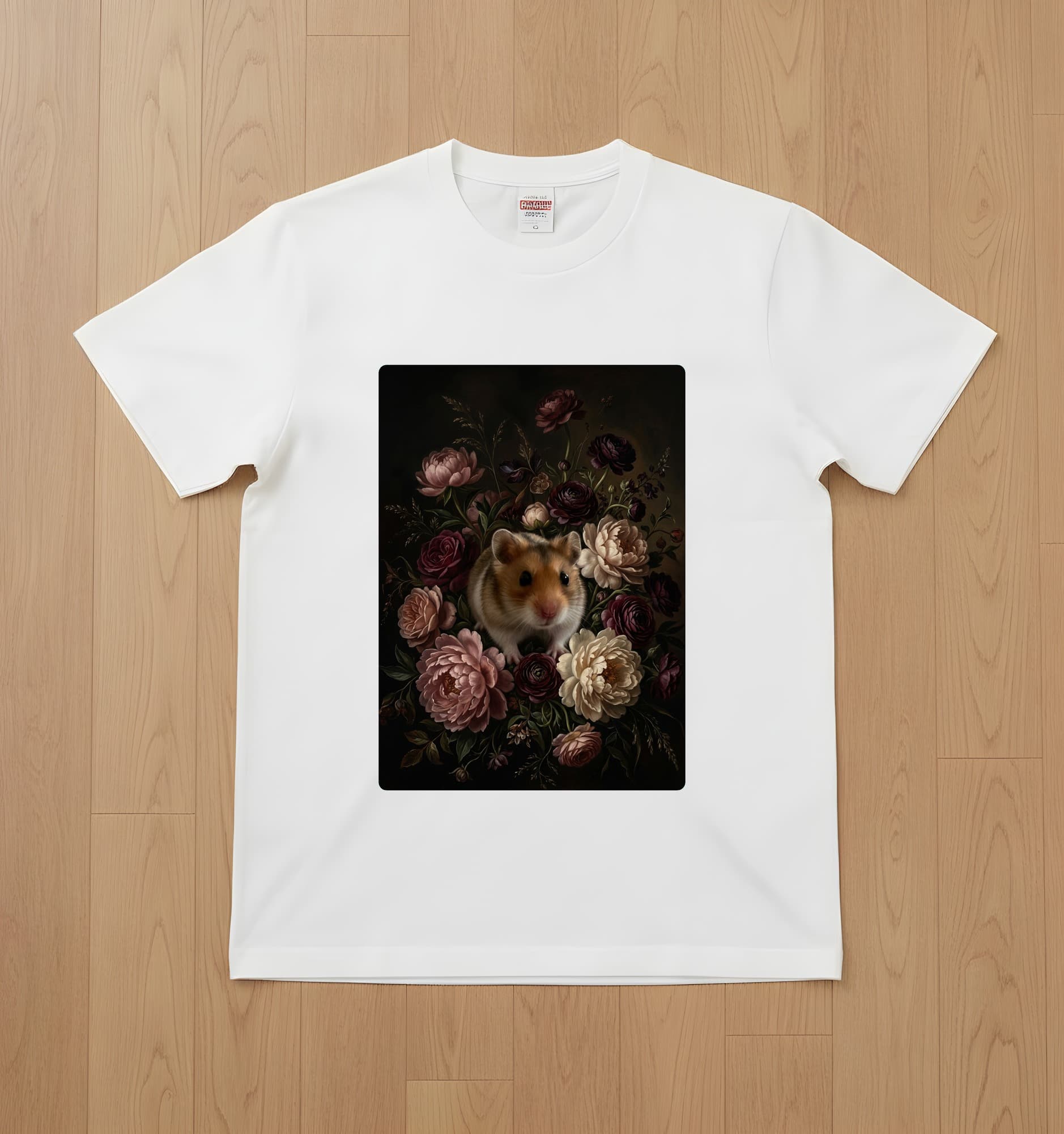 キャンベルハムスターの花の油絵風アート花柄Tシャツ(ホワイト)