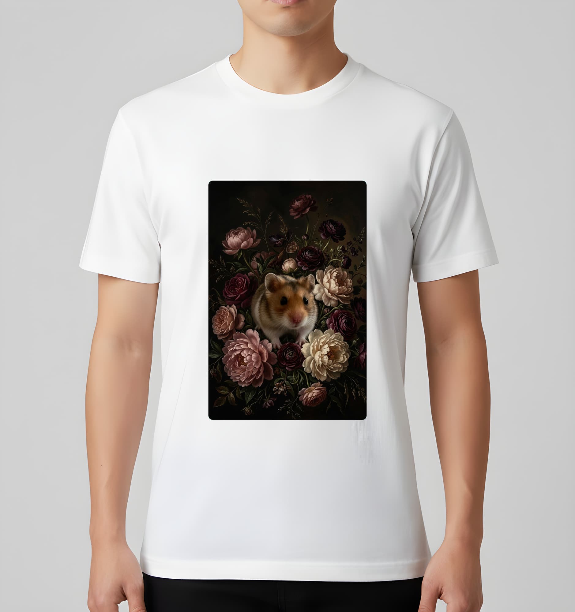 キャンベルハムスターの花の油絵風アート花柄Tシャツ(ホワイト) 3