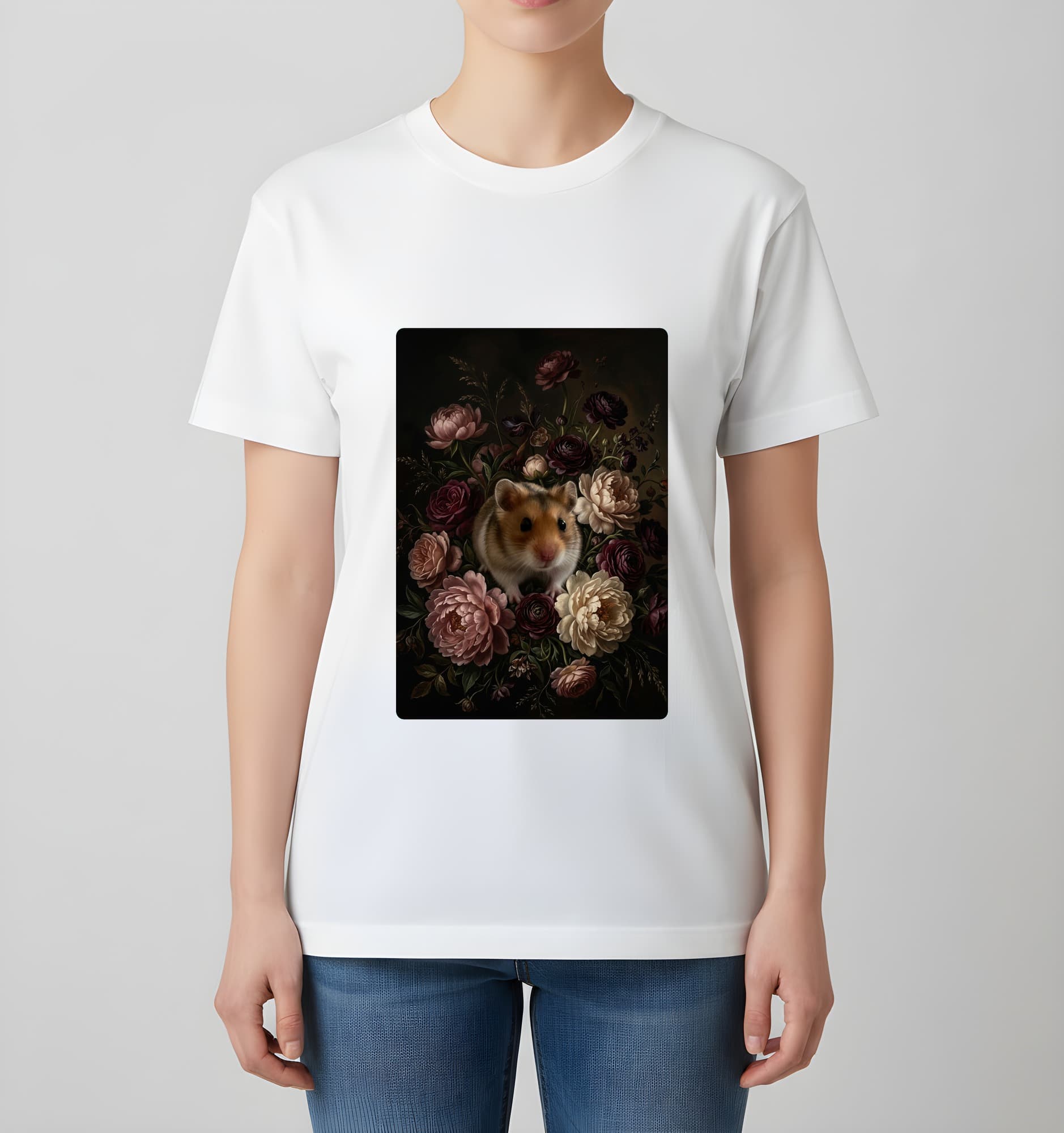 キャンベルハムスターの花の油絵風アート花柄Tシャツ(ホワイト) 4