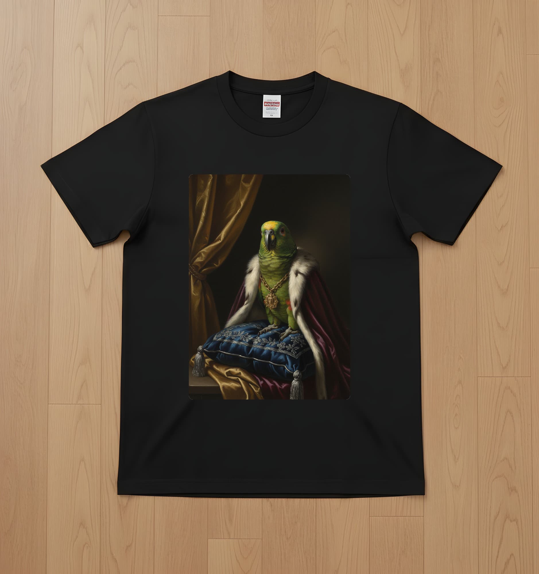 キエリボウシインコのルネサンス肖像画Tシャツ(ブラック・カラープリント・額縁なし)