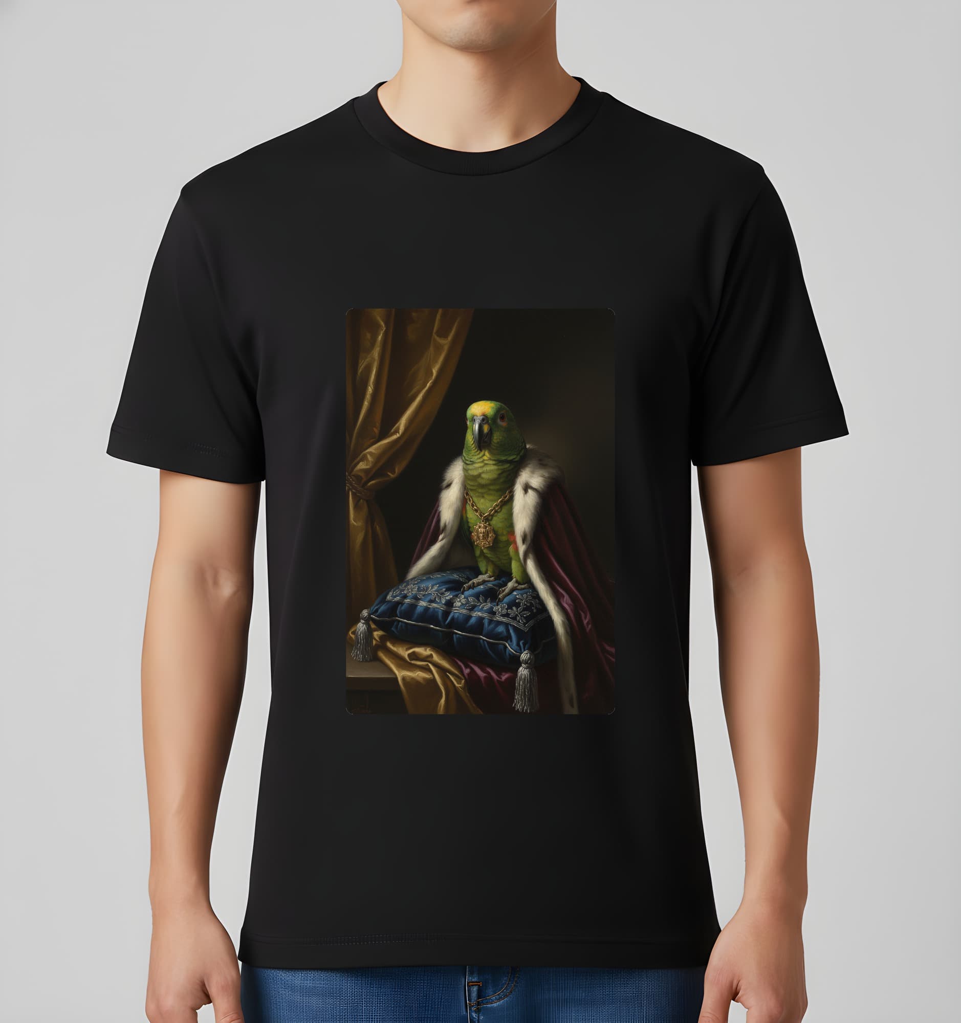 キエリボウシインコのルネサンス肖像画Tシャツ(ブラック・カラープリント・額縁なし) 3
