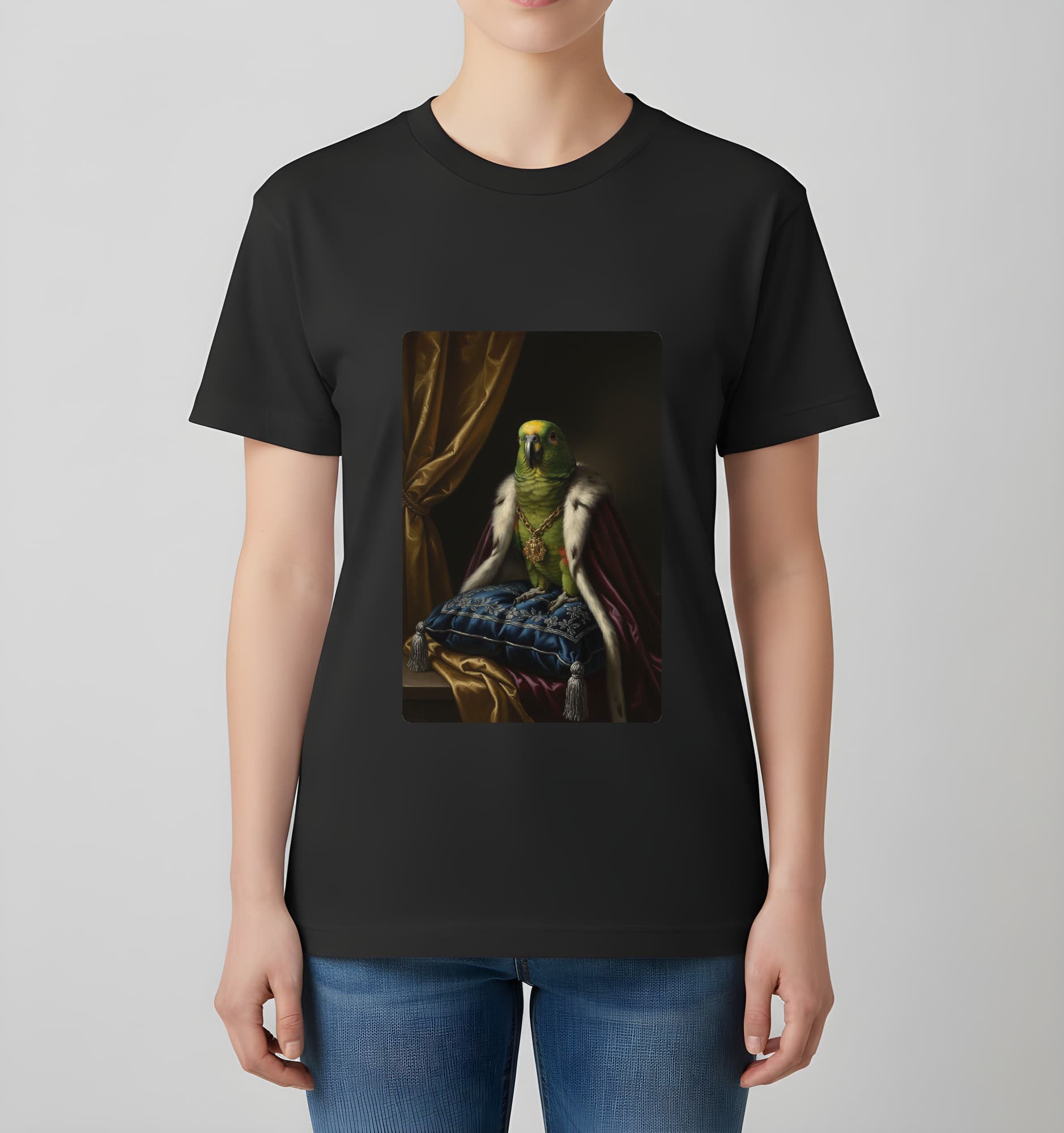キエリボウシインコのルネサンス肖像画Tシャツ(ブラック・カラープリント・額縁なし) 4