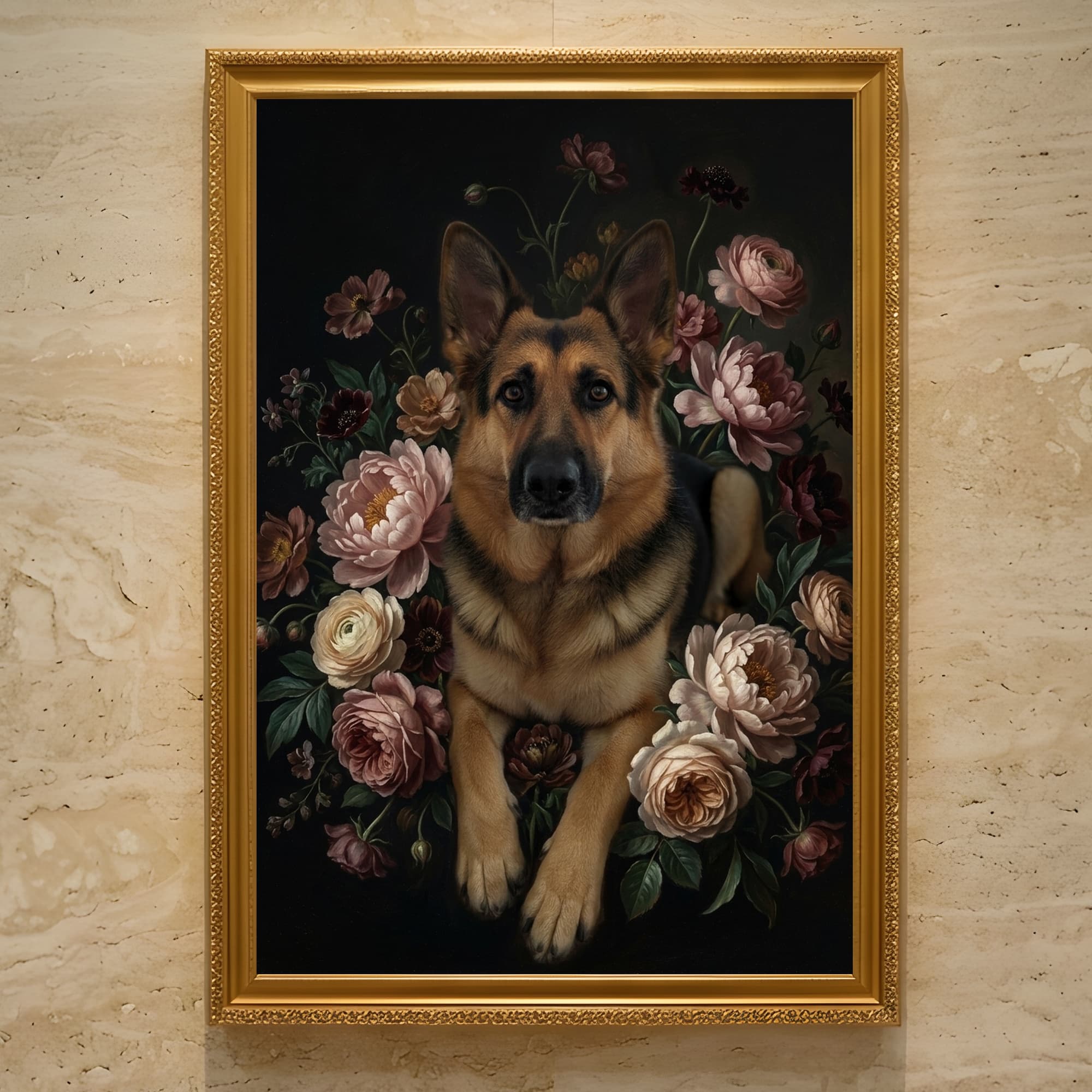 ジャーマンシェパードの花の油絵風アート花柄額装プリント(A3サイズ)