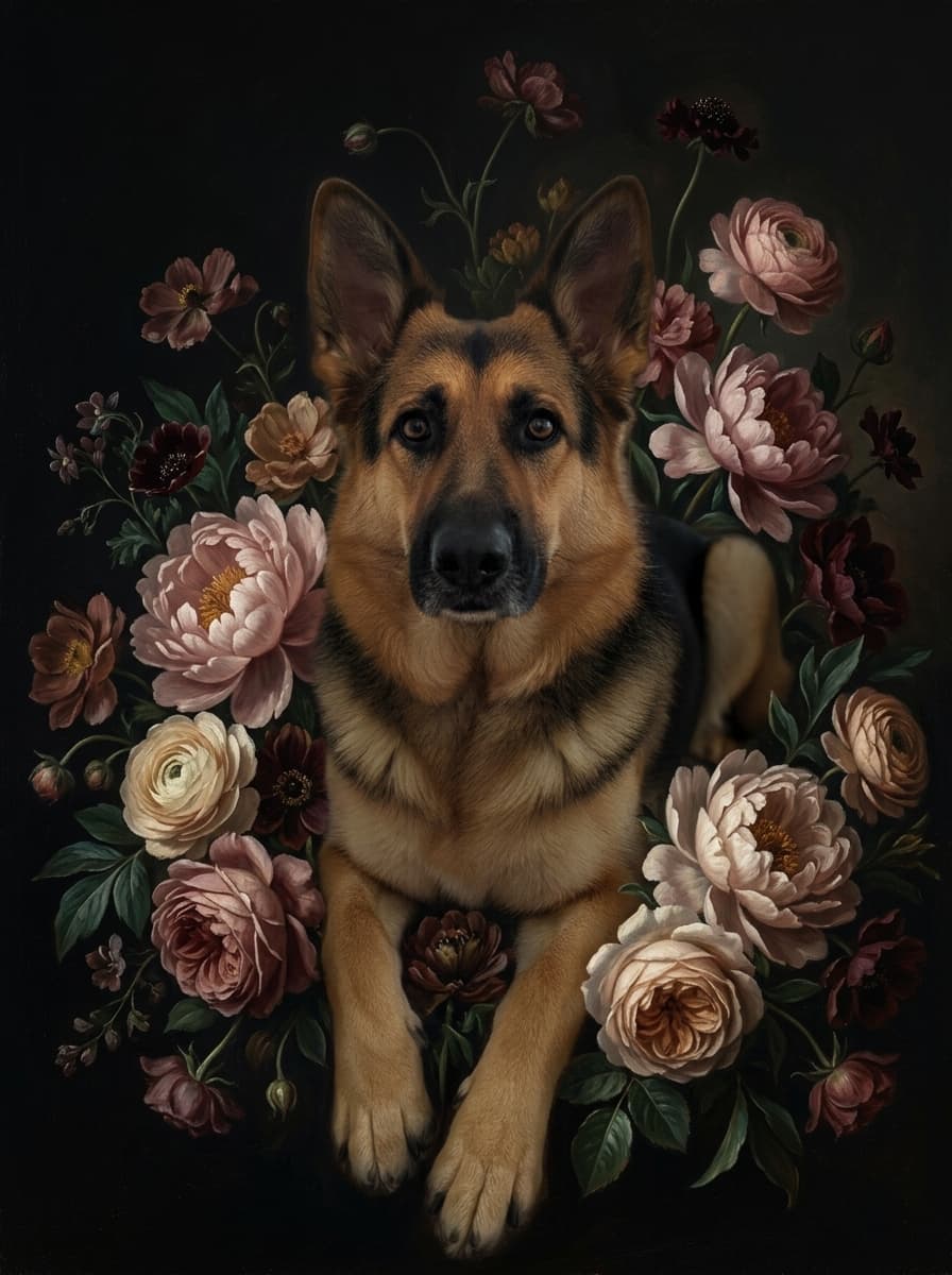 ジャーマンシェパードの花の油絵風アート花柄額装プリント(A3サイズ) 4