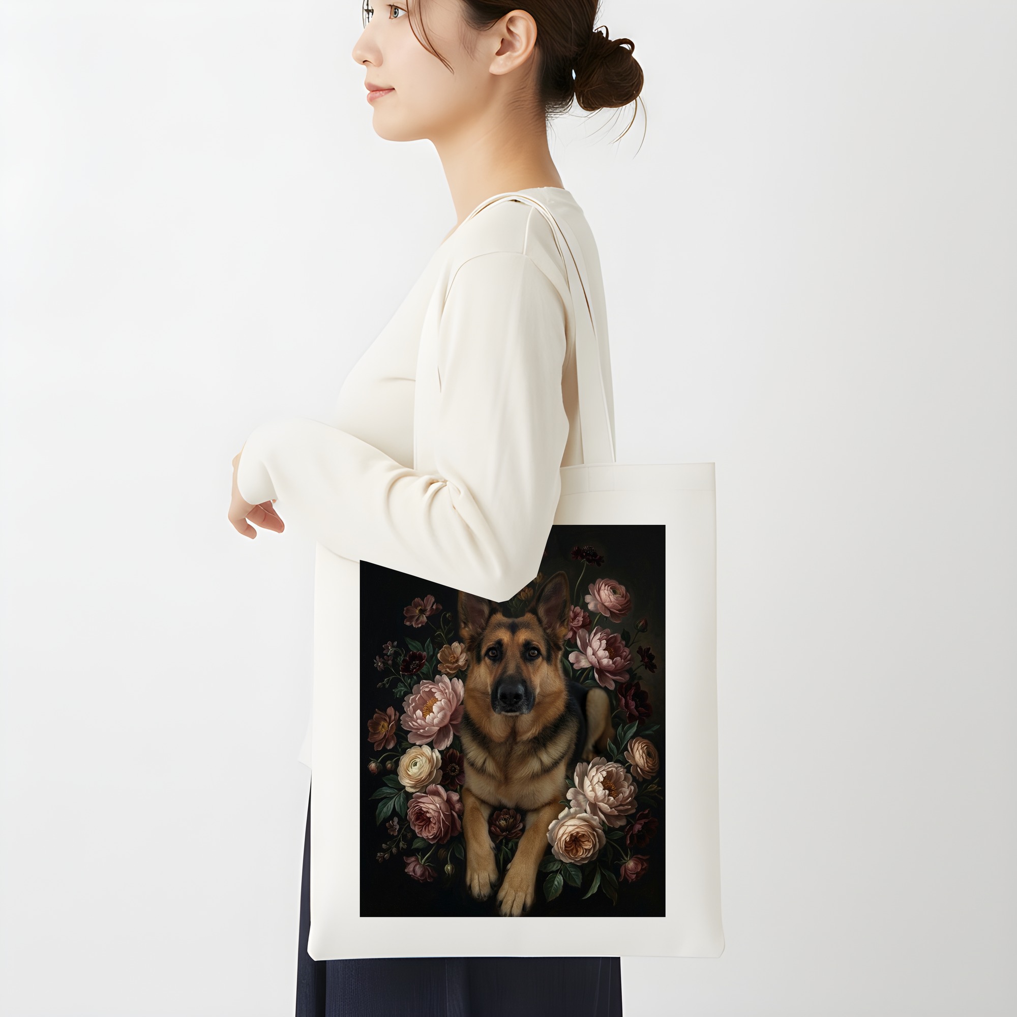 ジャーマンシェパードの花の油絵風アート花柄トートバッグ 2