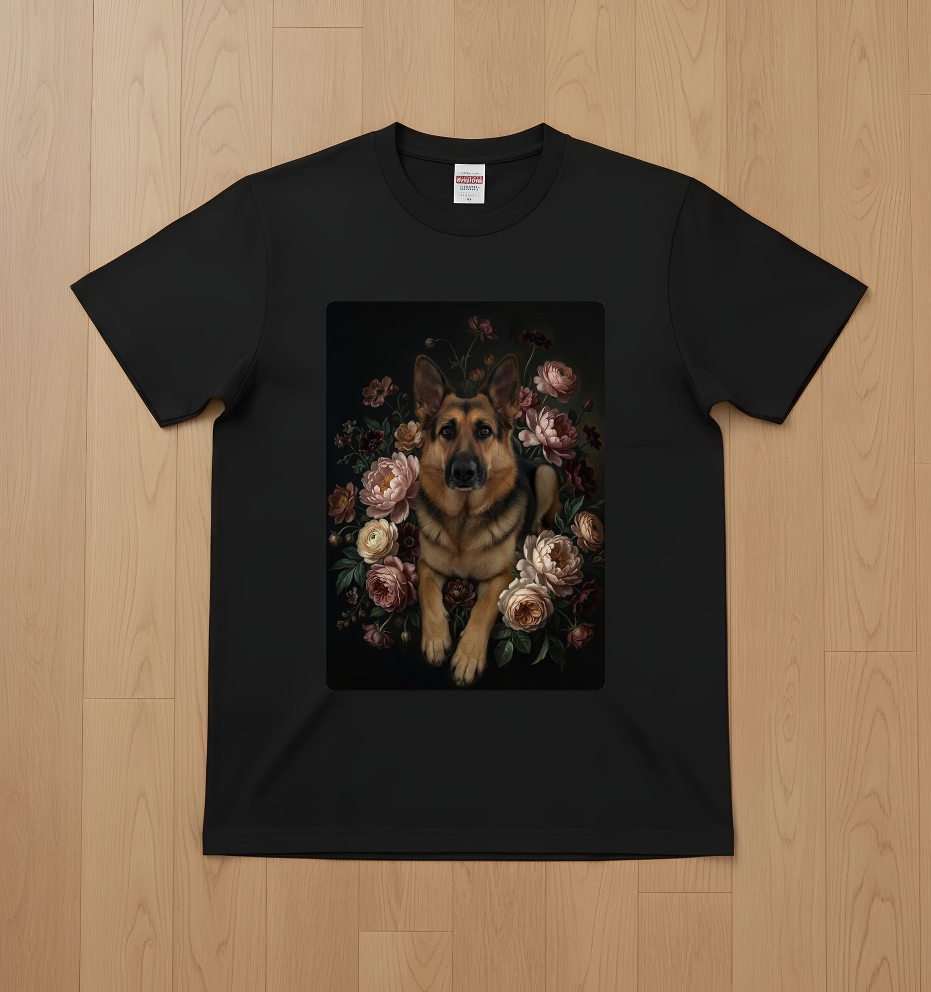 German shepherd Floral Oil-Painting Floral T-Shirt (Black)