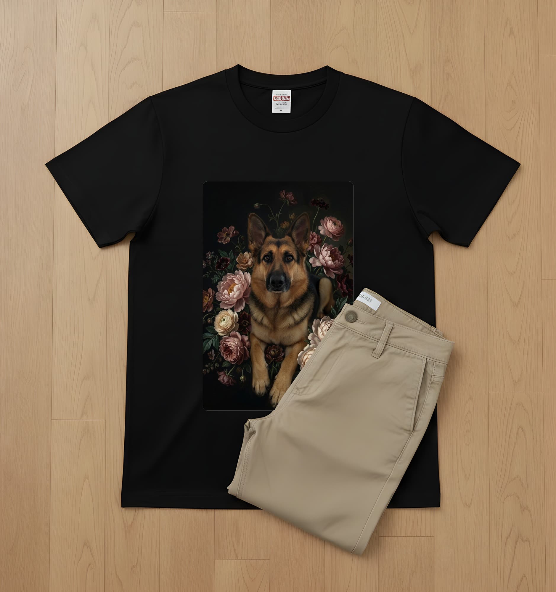 German shepherd Floral Oil-Painting Floral T-Shirt (Black) 2