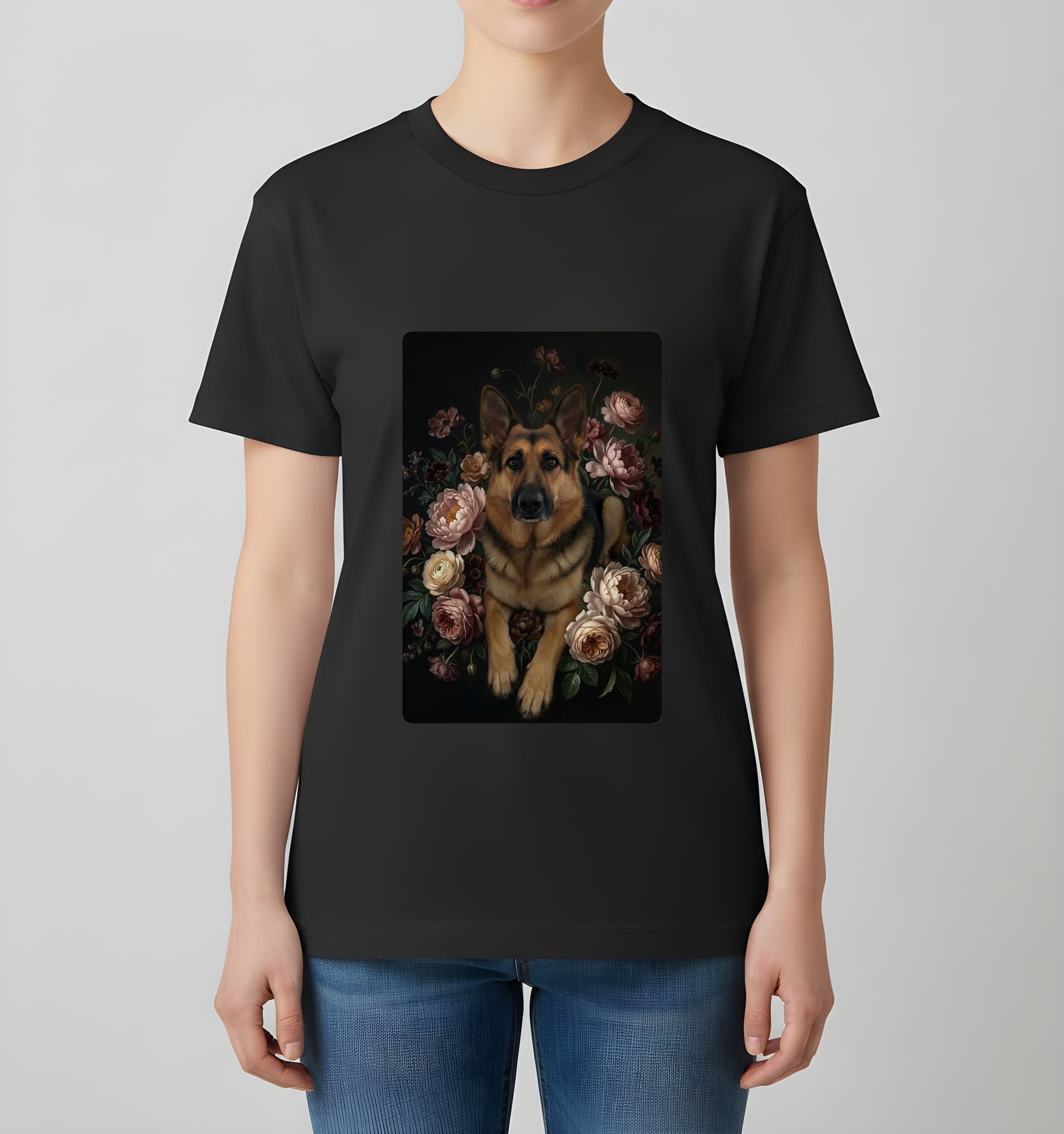 German shepherd Floral Oil-Painting Floral T-Shirt (Black) 4
