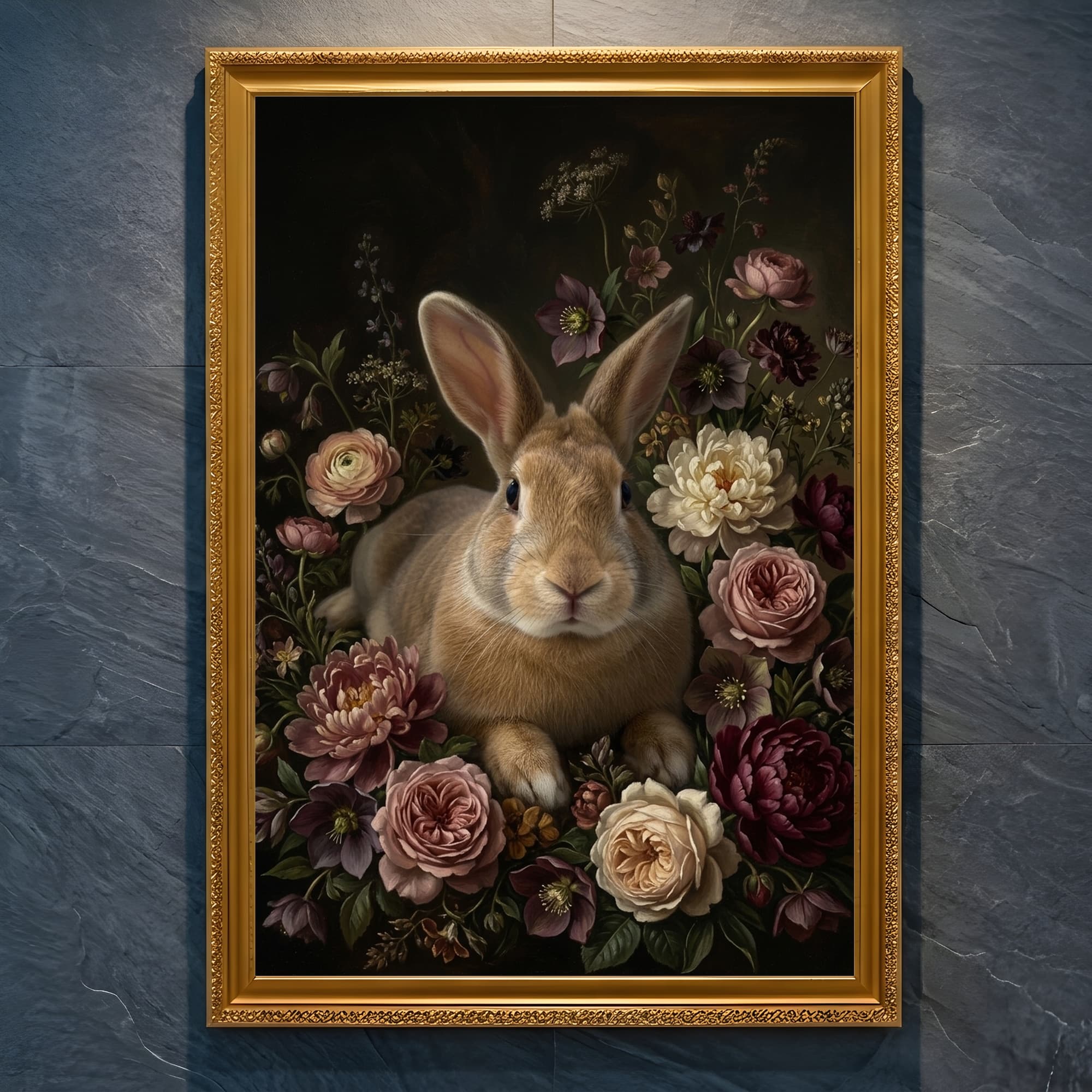 Flemish Giant Floral Oil-Painting Floral Framed Art Print (A4 Gold)