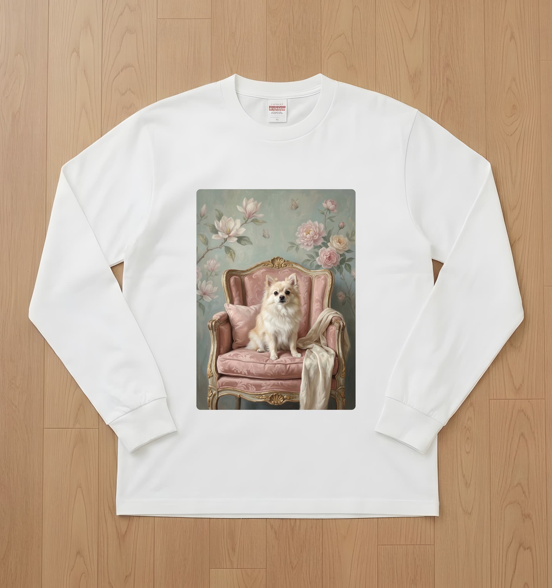 Pomeranian Shabby Pink Oil-Painting Rococo Long Sleeve T-Shirt (White)