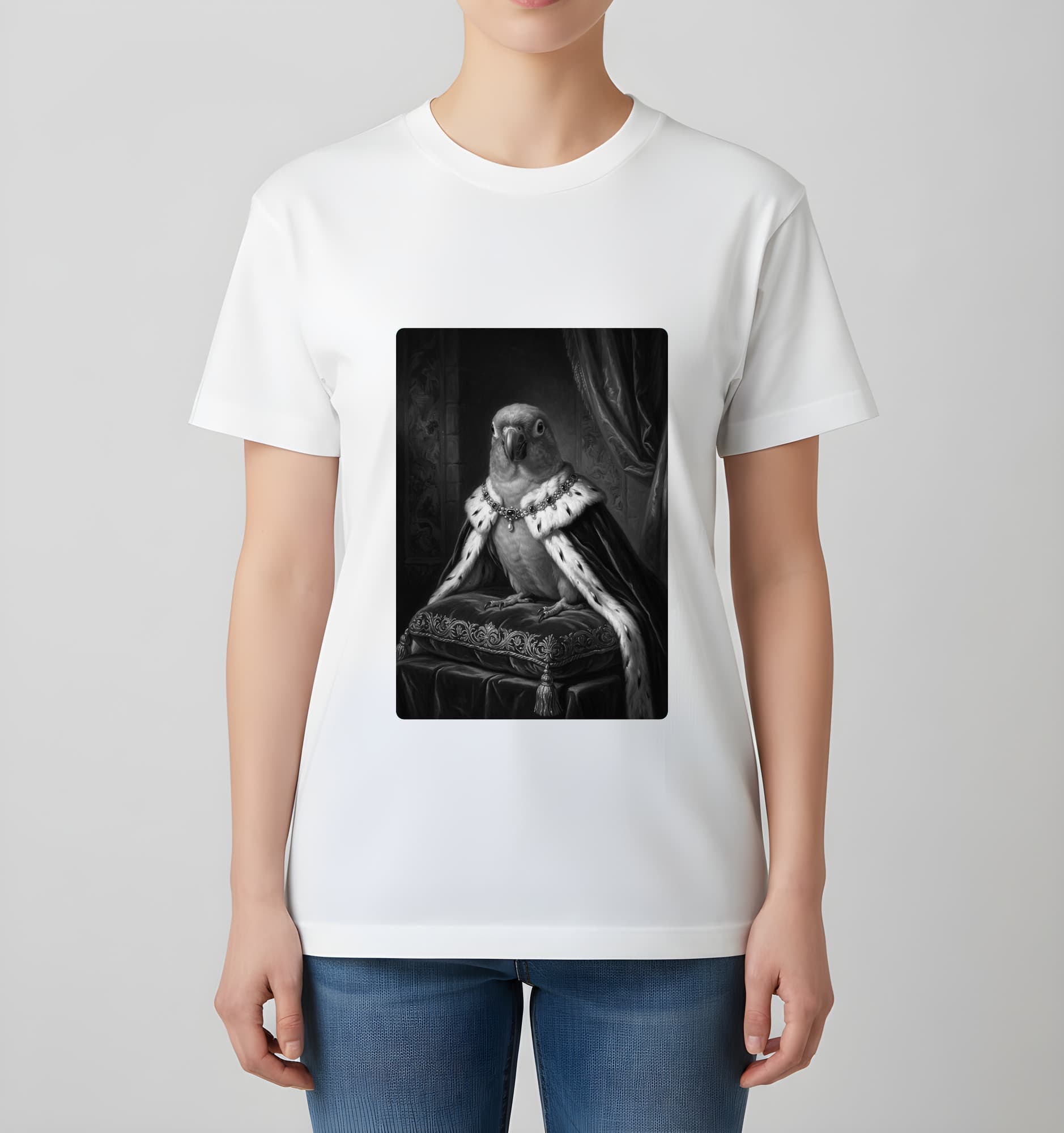ナナイロメキシコインコのルネサンス肖像画Tシャツ(ホワイト・モノクロプリント・額縁なし) 4