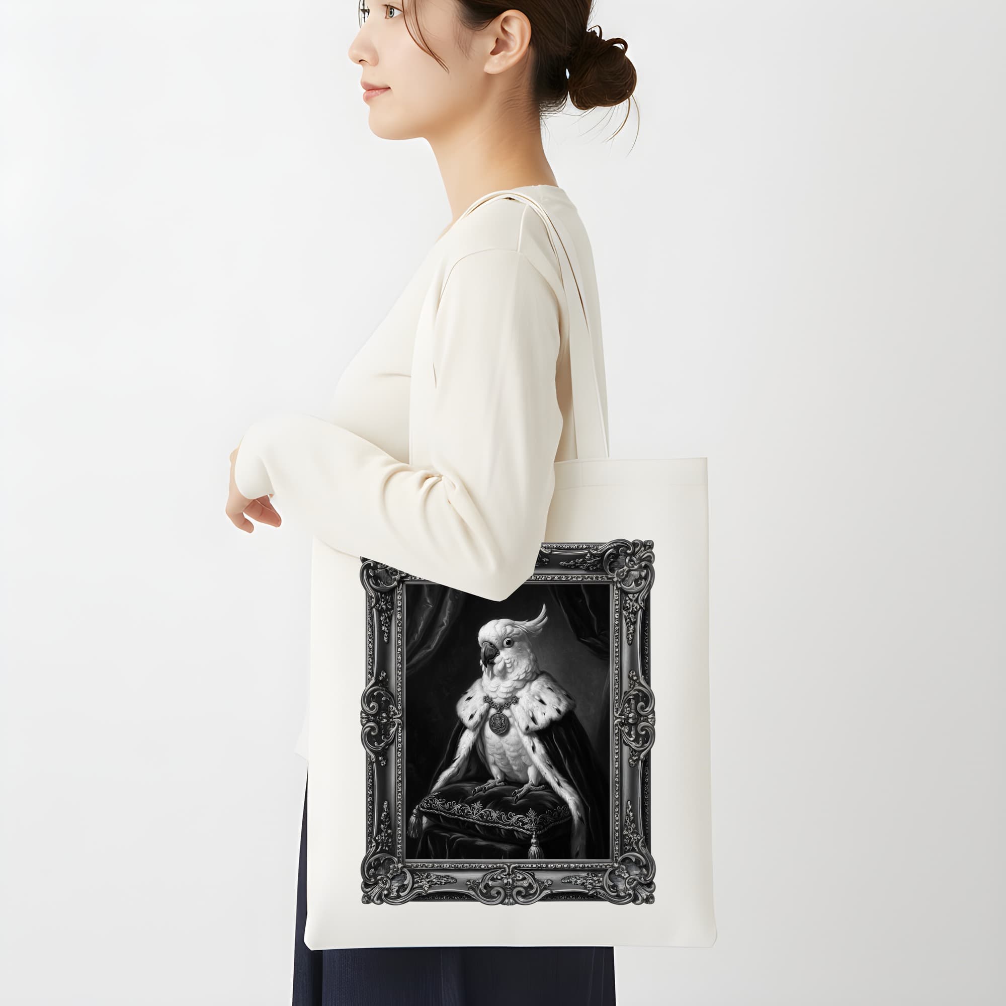 Umbrella Cockatoo Renaissance Portrait Tote Bag (Monochrome Print, Framed Design) 2