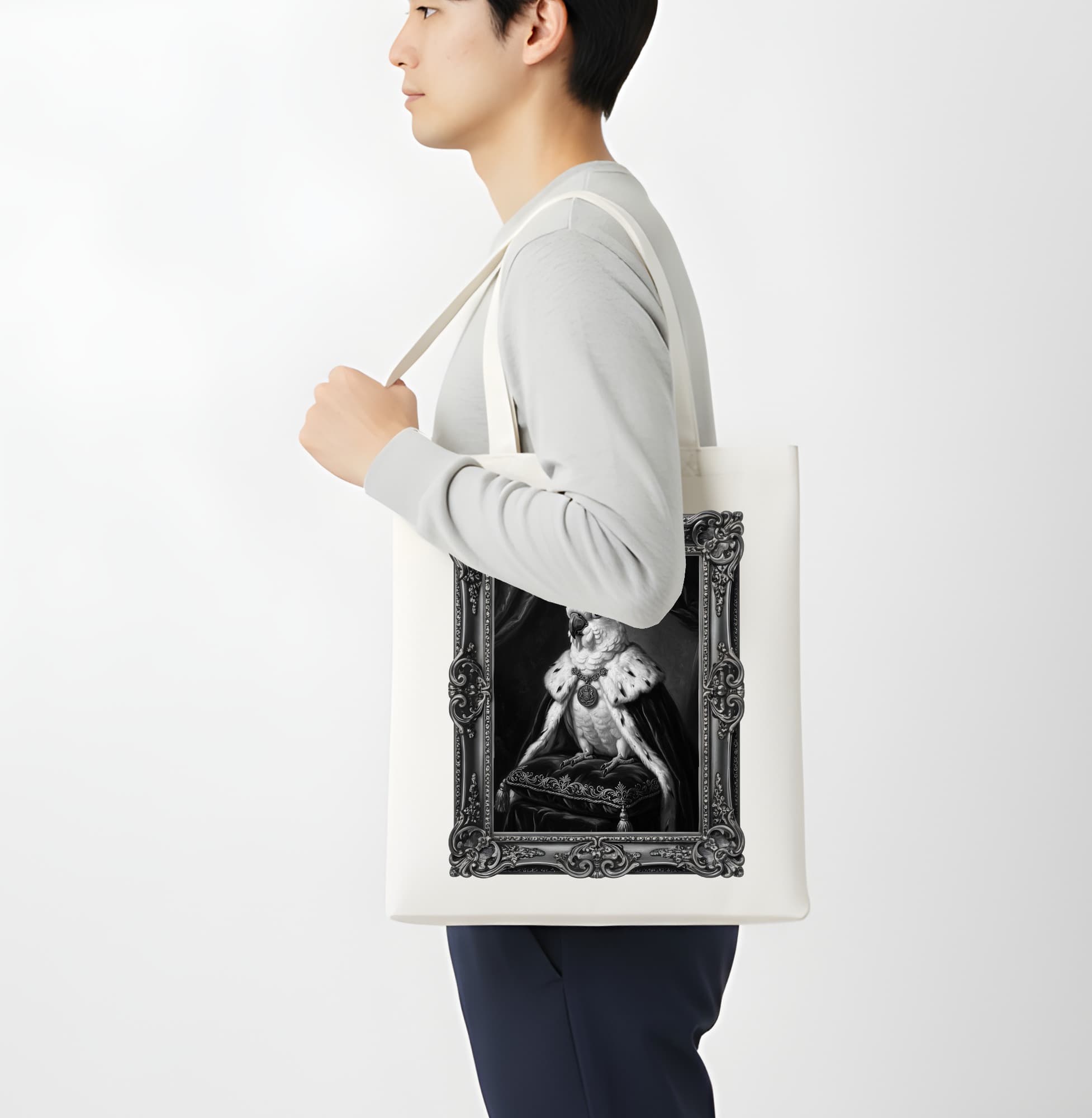 Umbrella Cockatoo Renaissance Portrait Tote Bag (Monochrome Print, Framed Design) 4
