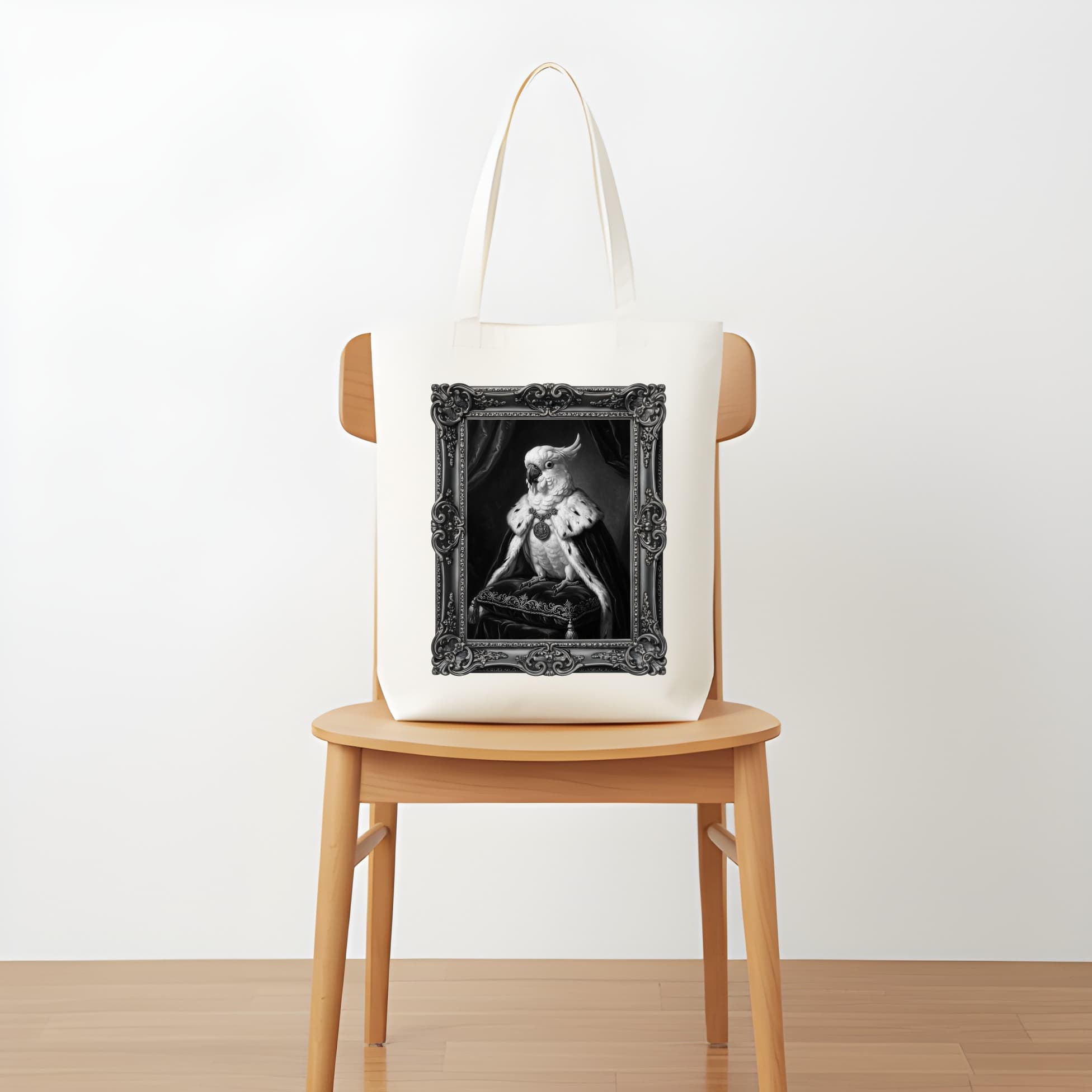 Umbrella Cockatoo Renaissance Portrait Tote Bag (Monochrome Print, Framed Design) 5