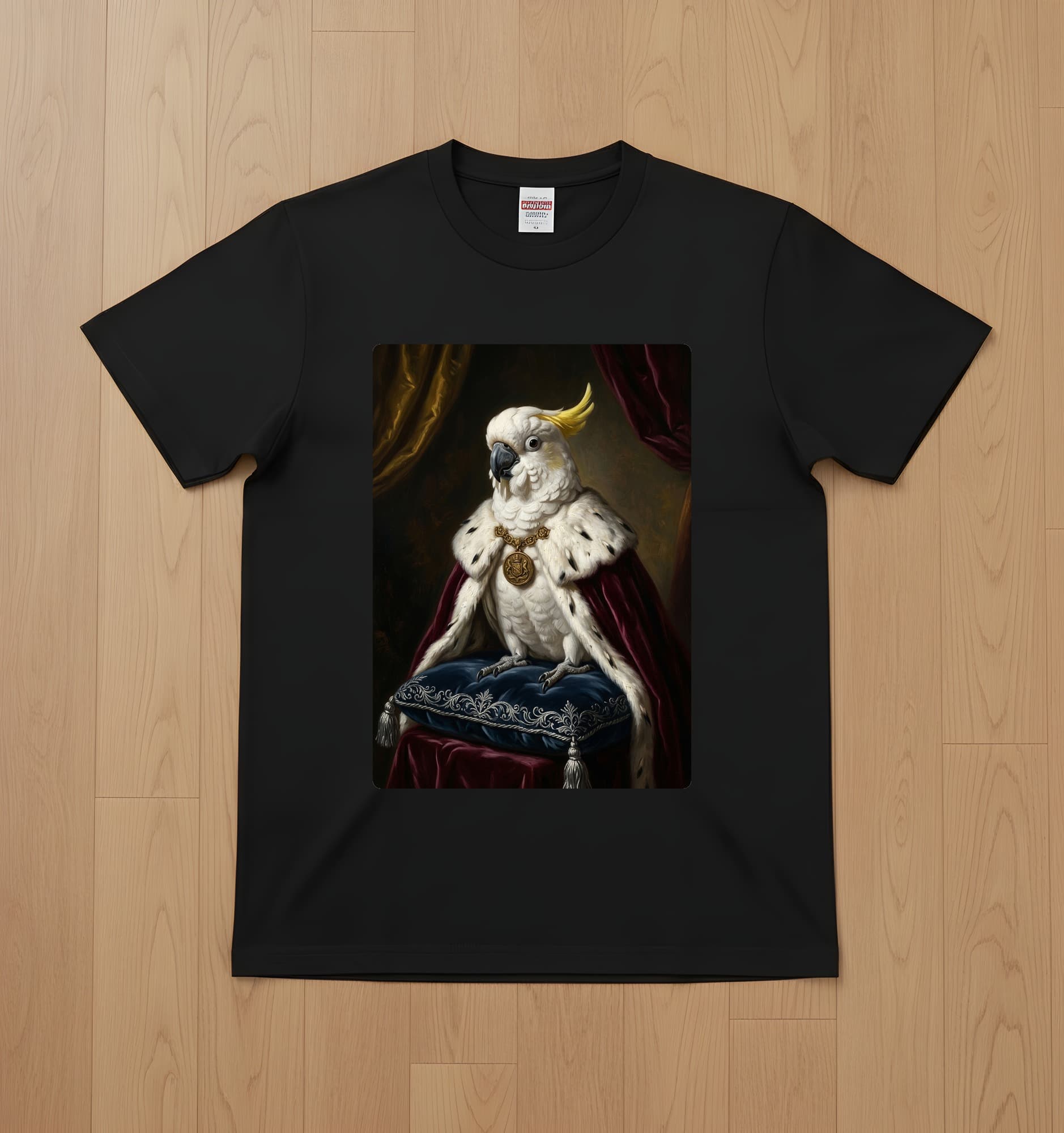 タイハクオウムのルネサンス肖像画Tシャツ(ブラック・カラープリント・額縁なし)