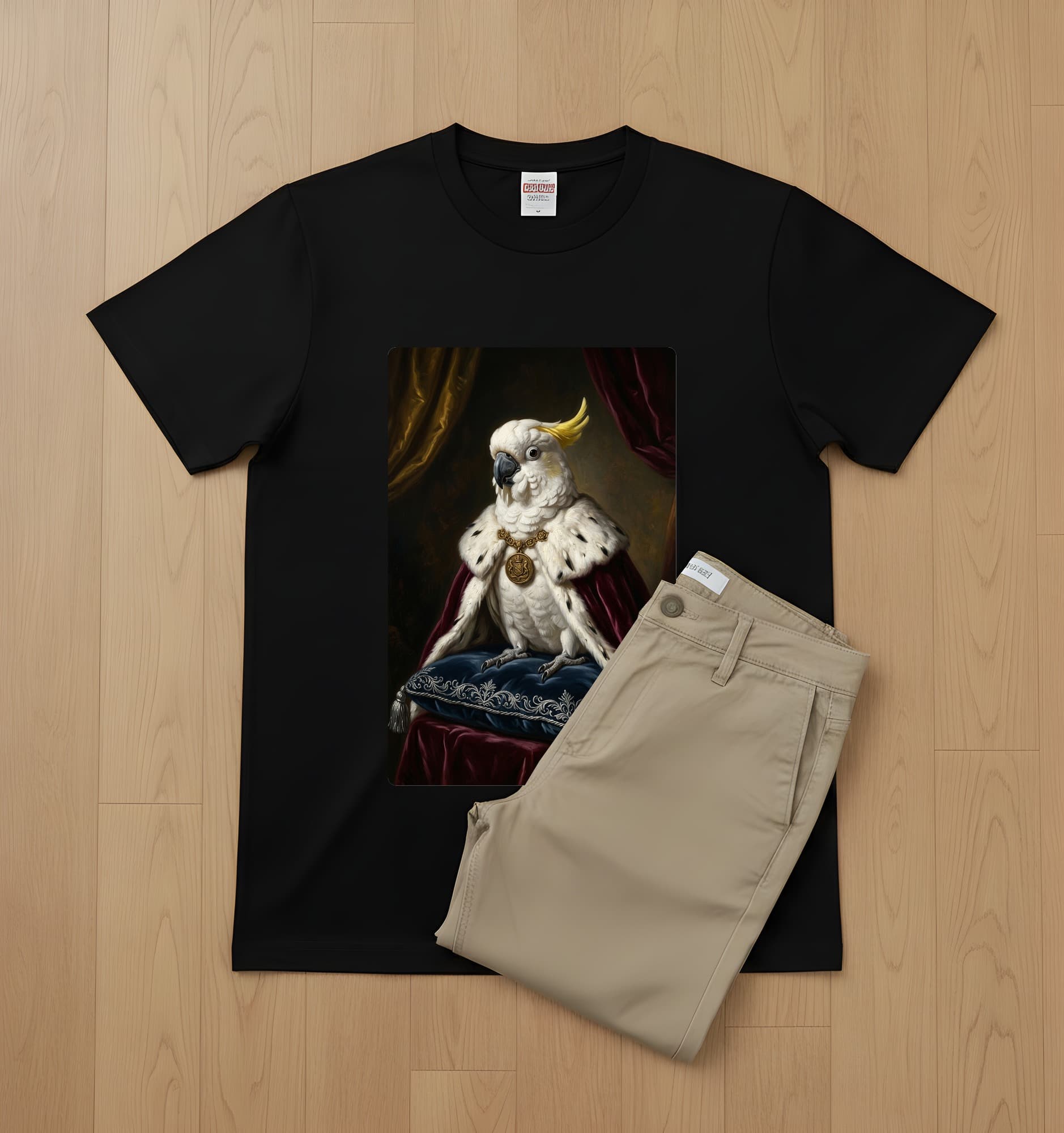 タイハクオウムのルネサンス肖像画Tシャツ(ブラック・カラープリント・額縁なし) 2