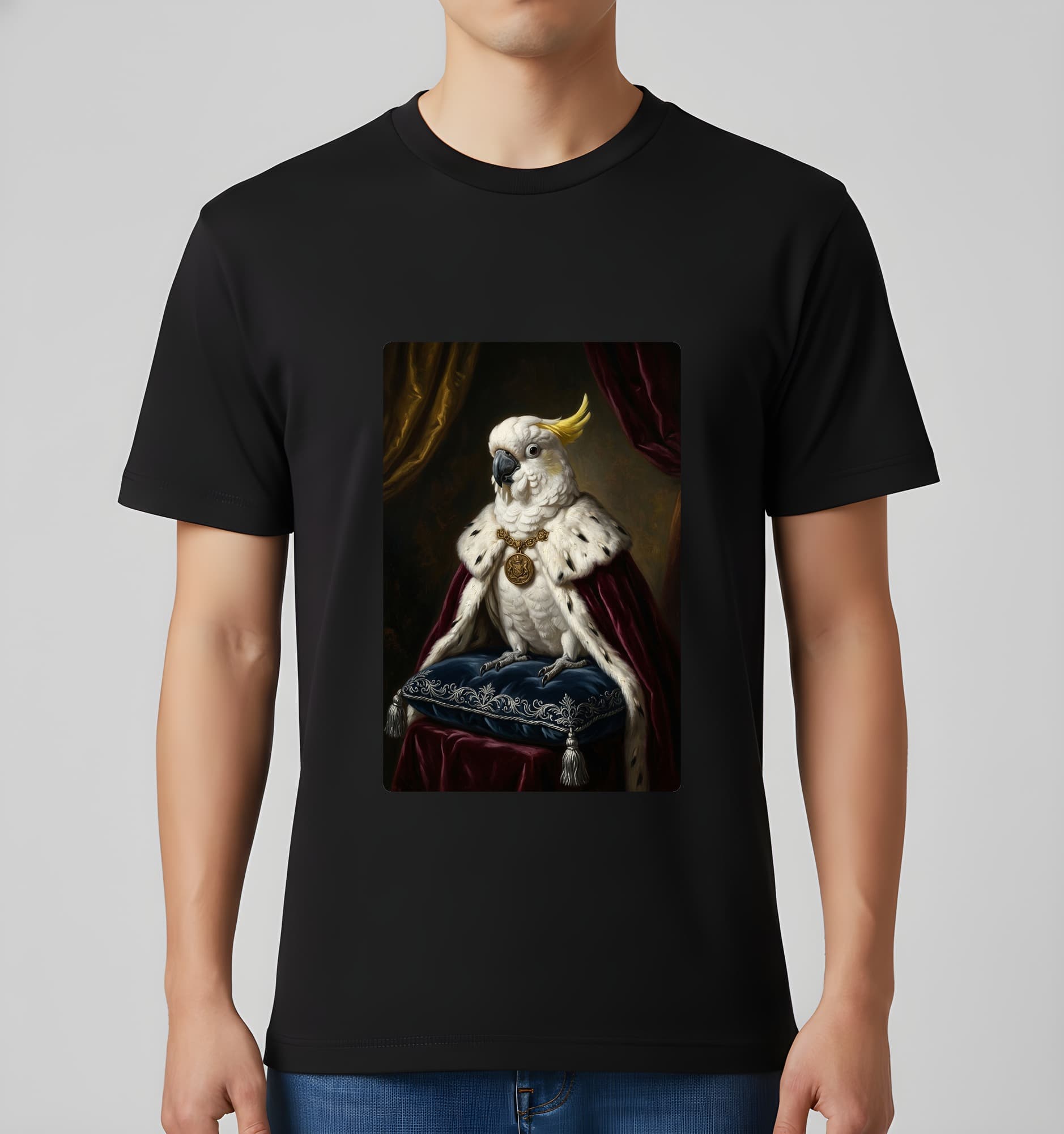 タイハクオウムのルネサンス肖像画Tシャツ(ブラック・カラープリント・額縁なし) 3