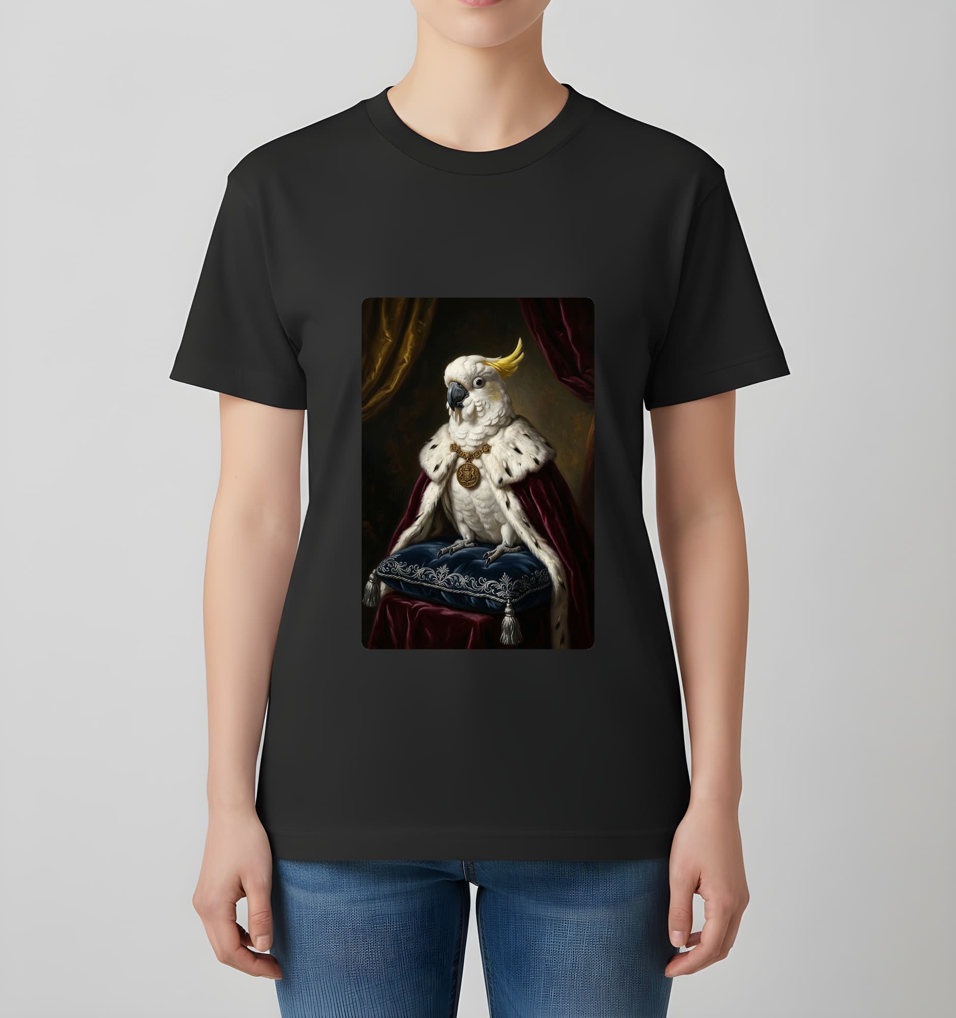 タイハクオウムのルネサンス肖像画Tシャツ(ブラック・カラープリント・額縁なし) 4