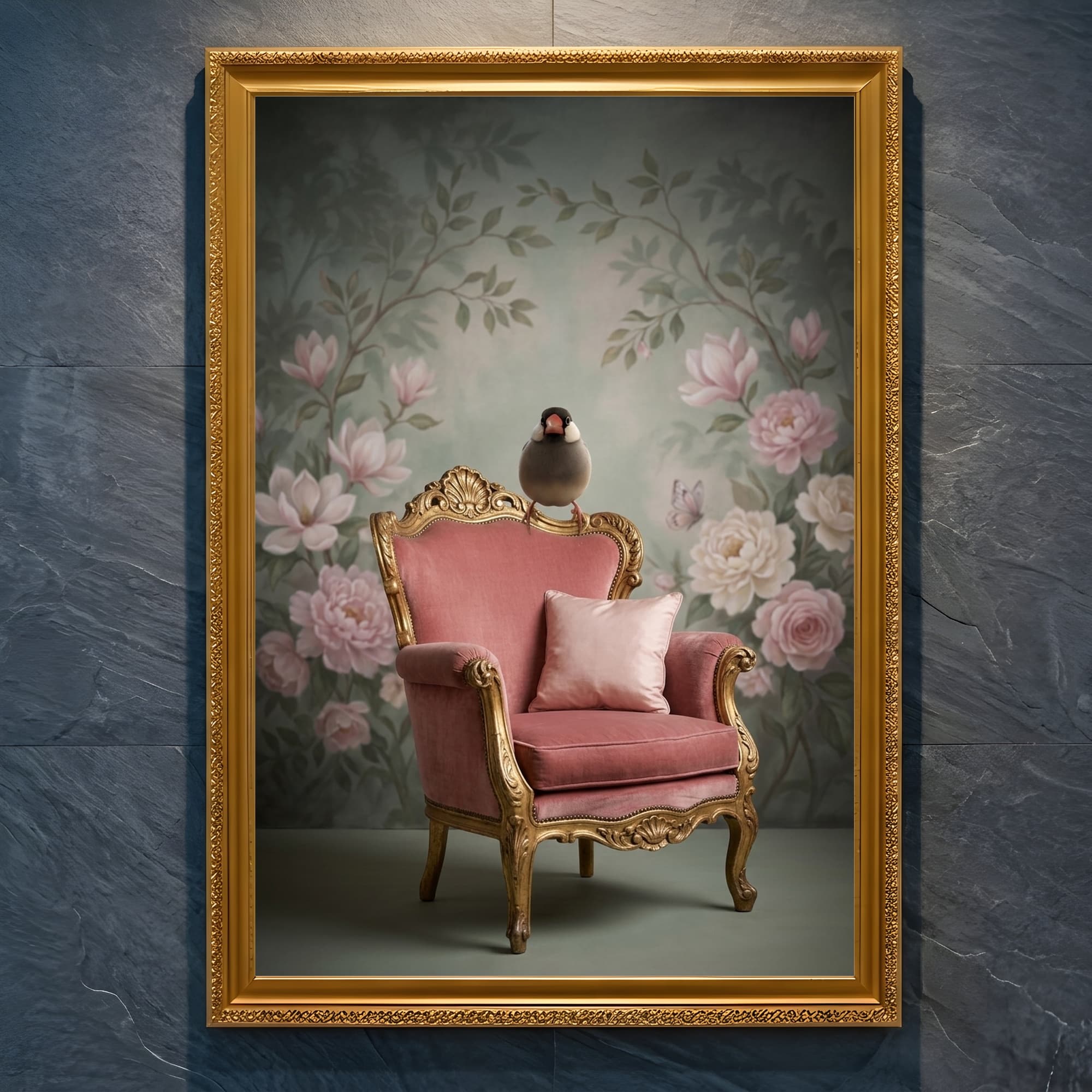 Java sparrow Shabby Pink Oil-Painting Rococo Framed Art Print (A4 Gold)