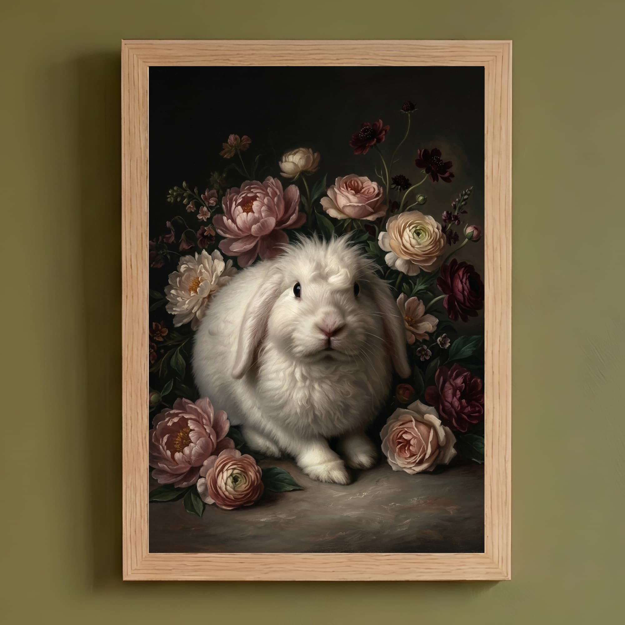 フレンチアンゴラの花の油絵風アート花柄額装プリント(A4サイズ)