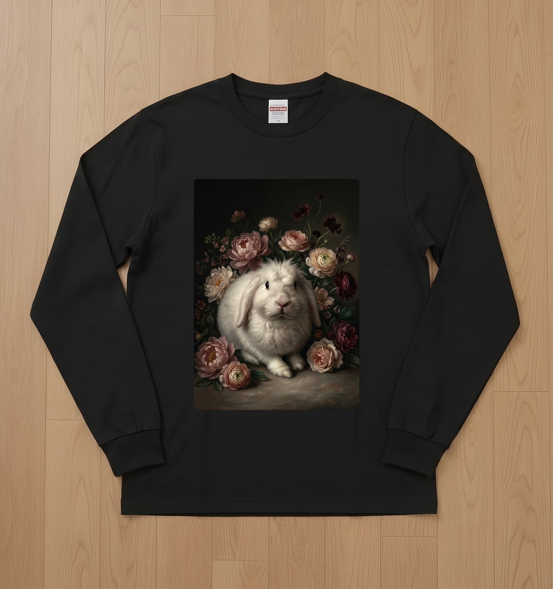 French Angora Floral Oil-Painting Floral Long Sleeve T-Shirt (Black)