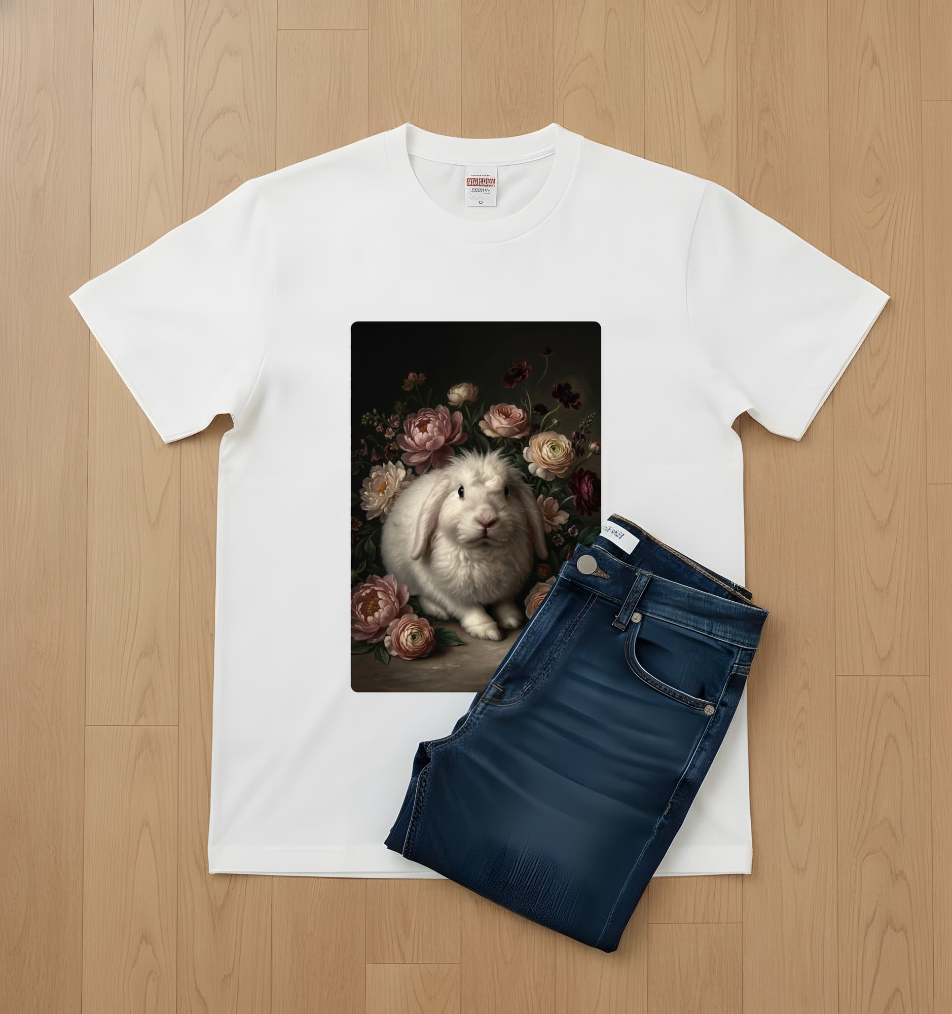 フレンチアンゴラの花の油絵風アート花柄Tシャツ(ホワイト) 2