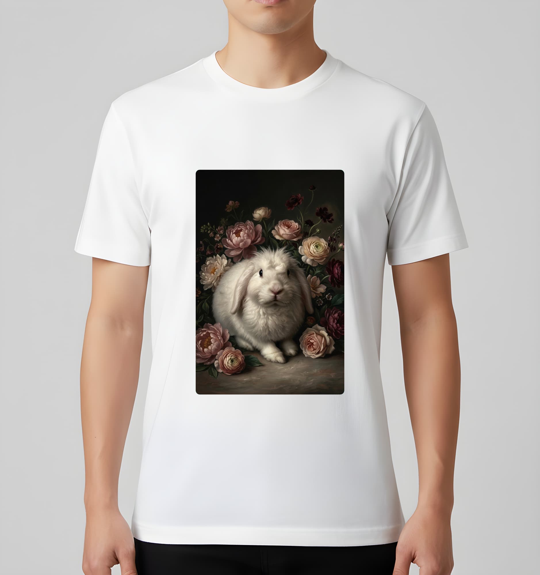 フレンチアンゴラの花の油絵風アート花柄Tシャツ(ホワイト) 3
