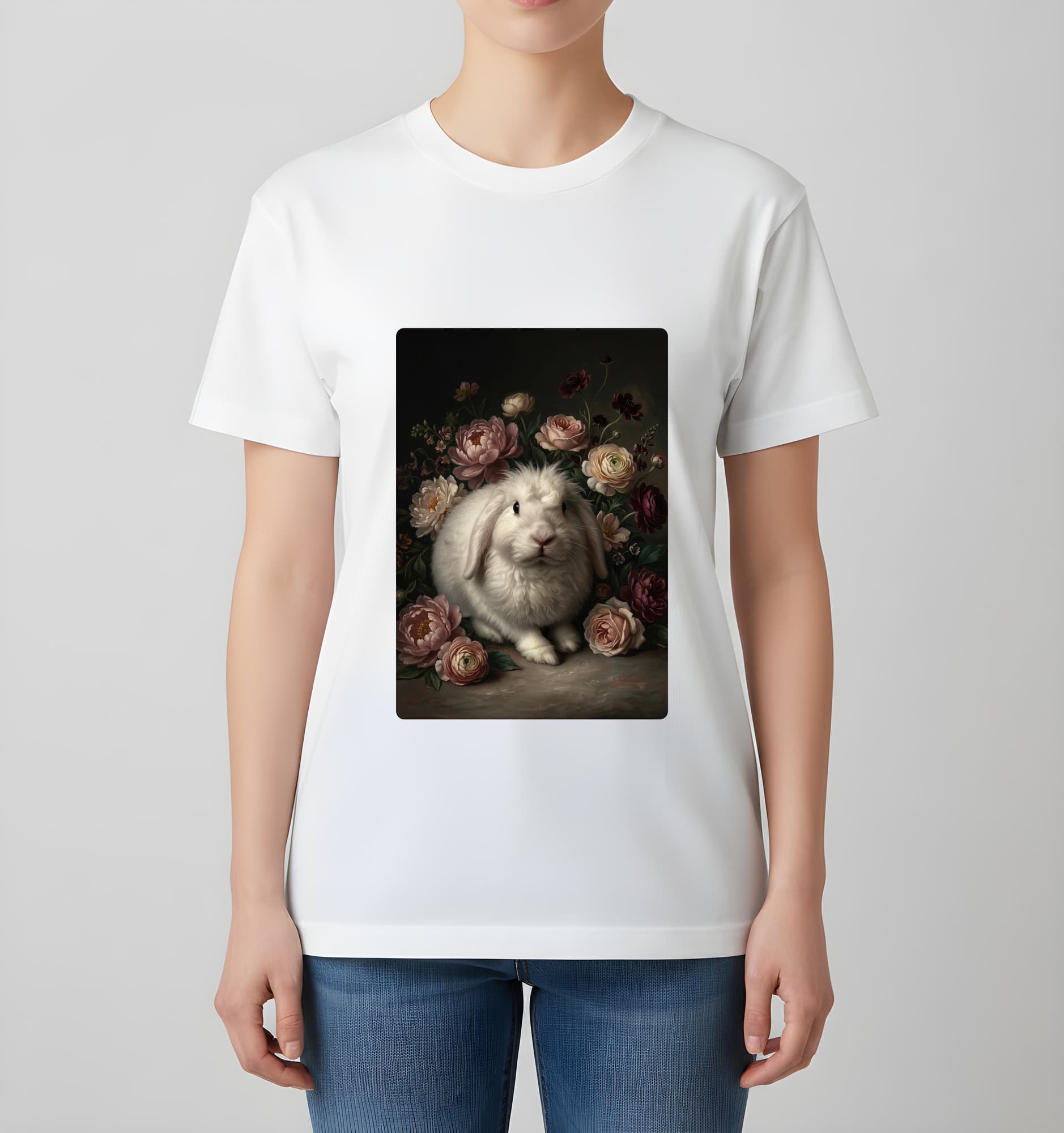 フレンチアンゴラの花の油絵風アート花柄Tシャツ(ホワイト) 4