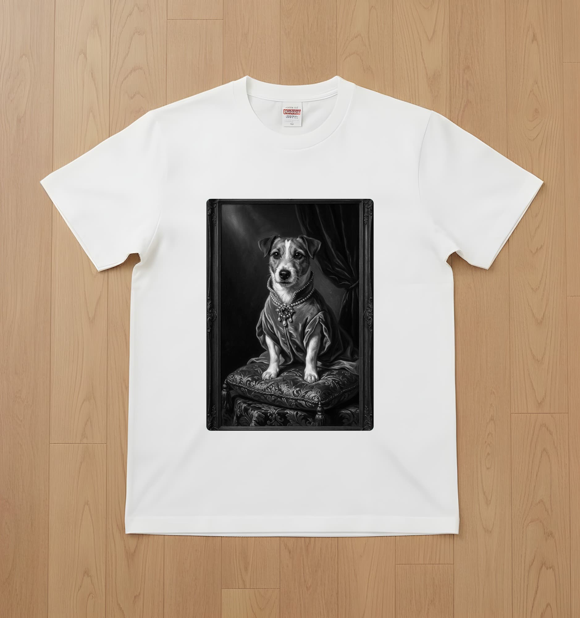 ジャックラッセルテリアのルネサンス肖像画Tシャツ(ホワイト・モノクロプリント・額縁なし)