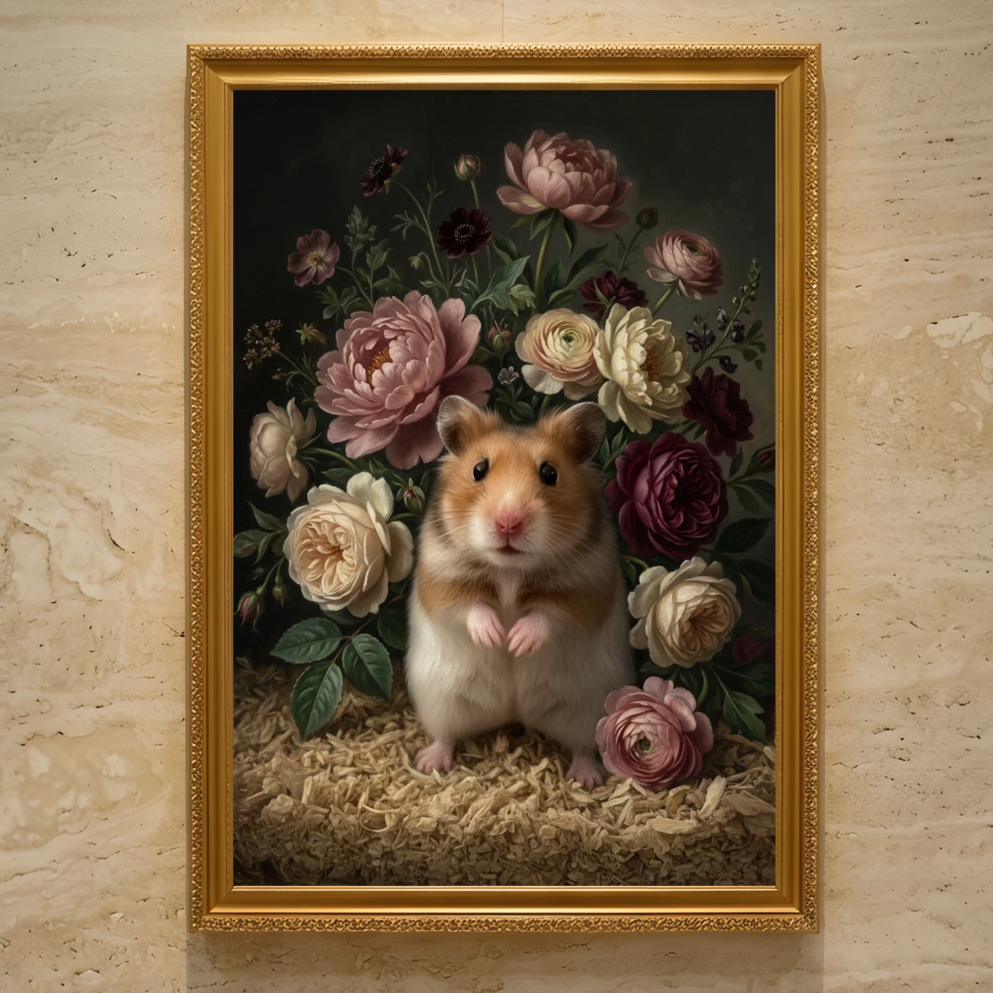 ファンシーハムスターの花の油絵風アート花柄額装プリント(A3サイズ)