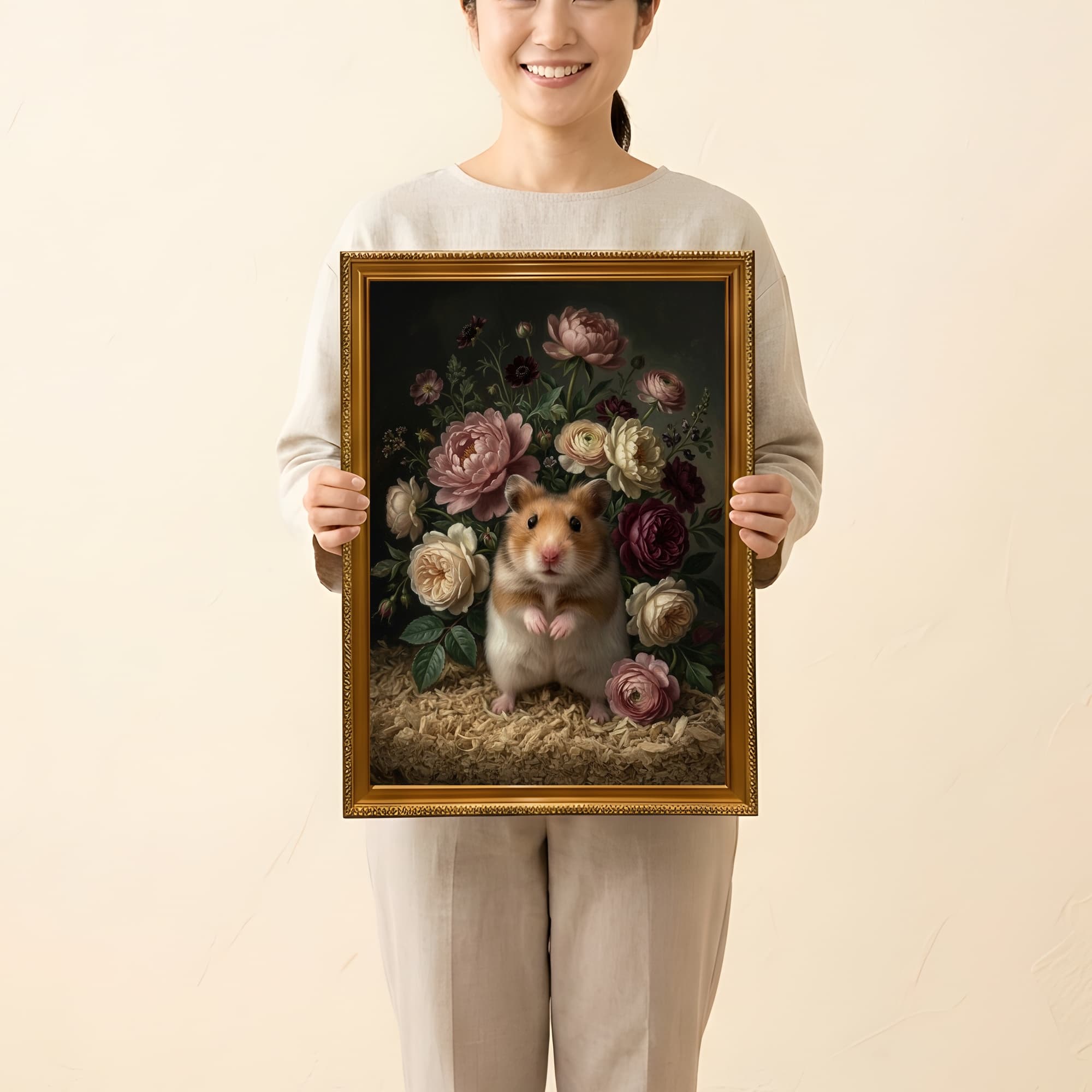 ファンシーハムスターの花の油絵風アート花柄額装プリント(A3サイズ) 2
