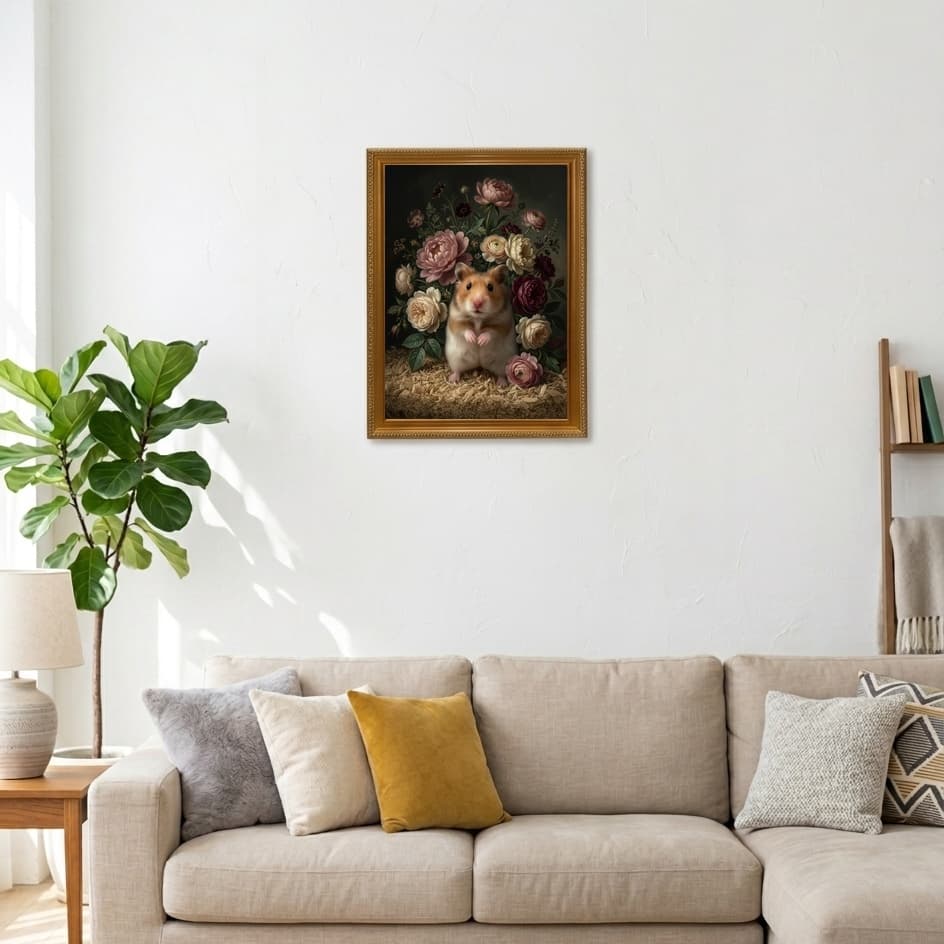 ファンシーハムスターの花の油絵風アート花柄額装プリント(A3サイズ) 3