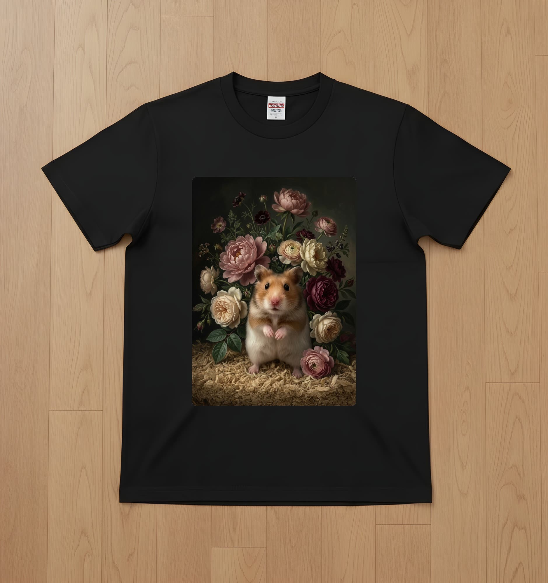 Fancy hamster Floral Oil-Painting Floral T-Shirt (Black)