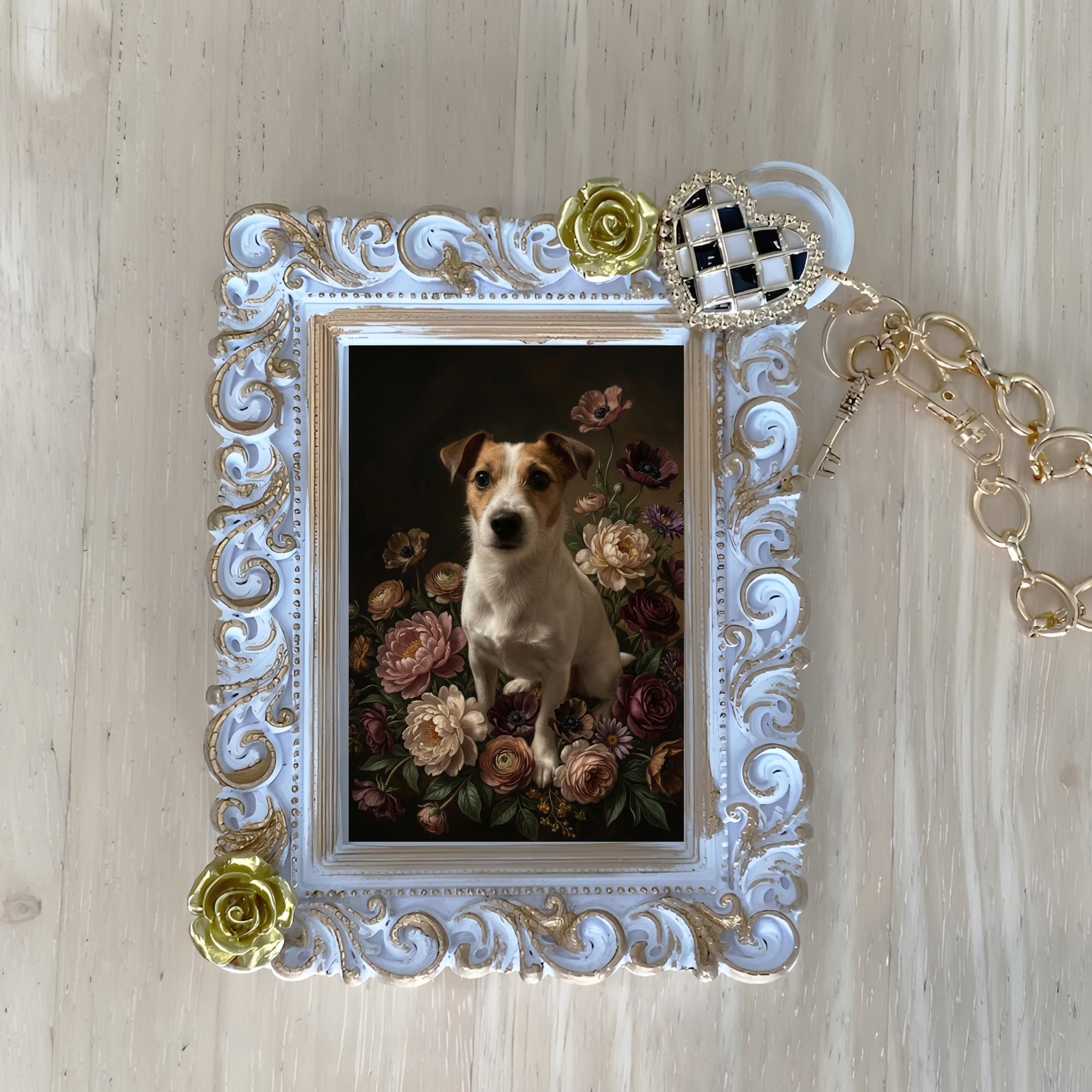 Jack Russell terrier Floral Oil-Painting Floral Bag Charm (White)