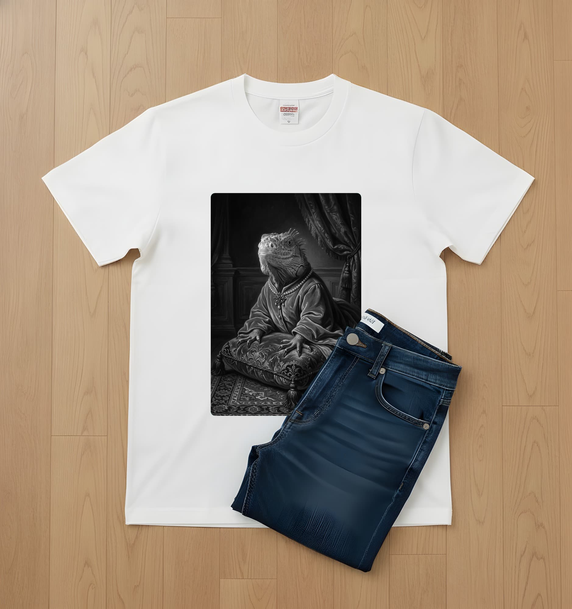 ブルーイグアナのルネサンス肖像画Tシャツ(ホワイト・モノクロプリント・額縁なし) 2