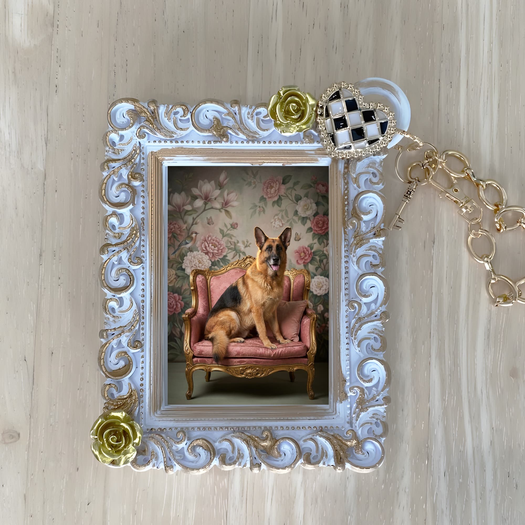 German shepherd Shabby Pink Oil-Painting Rococo Bag Charm (White)
