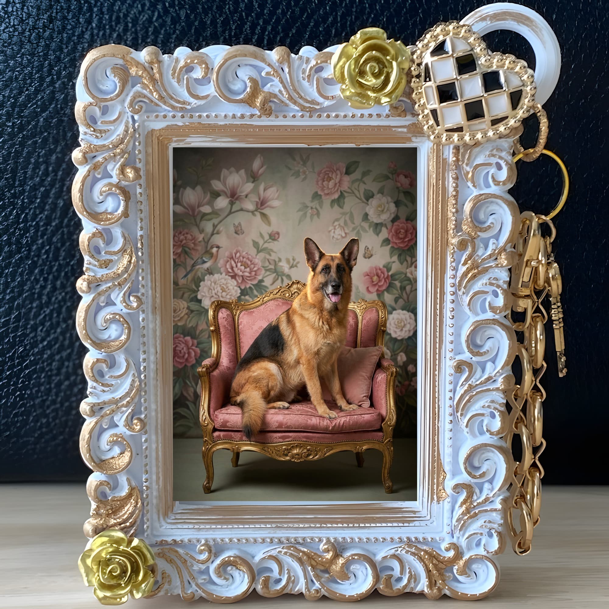 German shepherd Shabby Pink Oil-Painting Rococo Bag Charm (White) 2